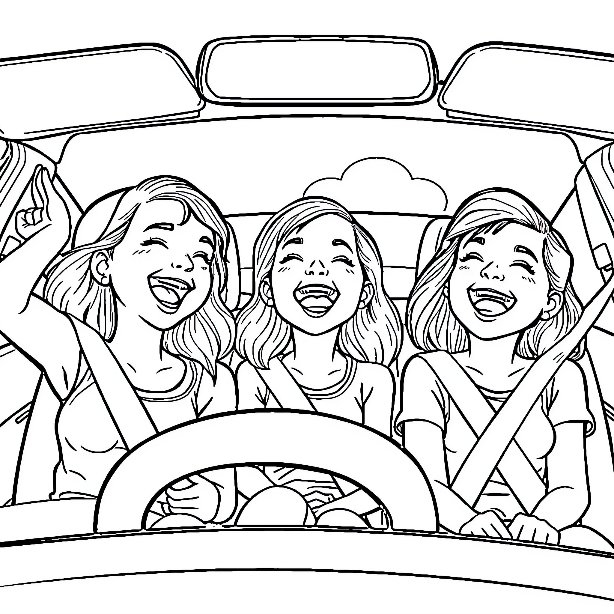 Girls enjoying a fun car ride together Coloring Page (free black-and-white line drawing printable PDF for all, from beginners to advanced learners, including children, teens, adults, and seniors)