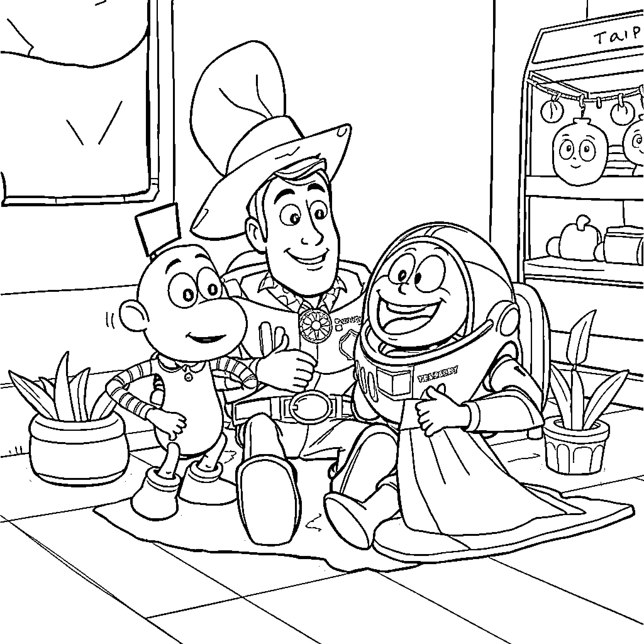 Toy characters having a conversation Coloring Page (free black-and-white line drawing printable PDF for all, from beginners to advanced learners, including children, teens, adults, and seniors)