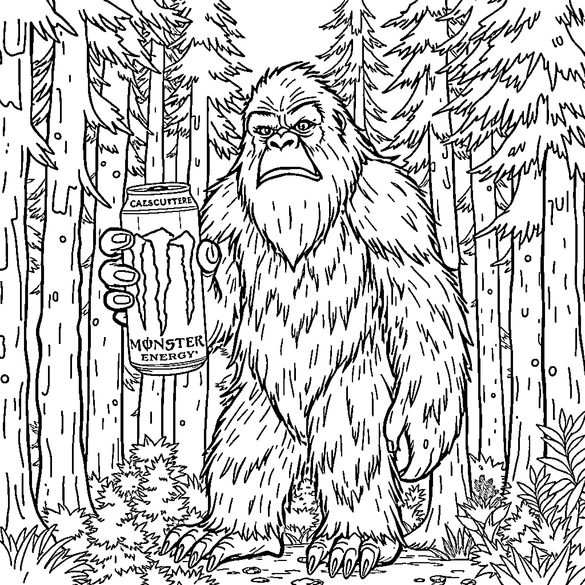 Sasquatch guarding a monster energy sign in the forest Coloring Page (free black-and-white line drawing printable PDF for all, from beginners to advanced learners, including children, teens, adults, and seniors)