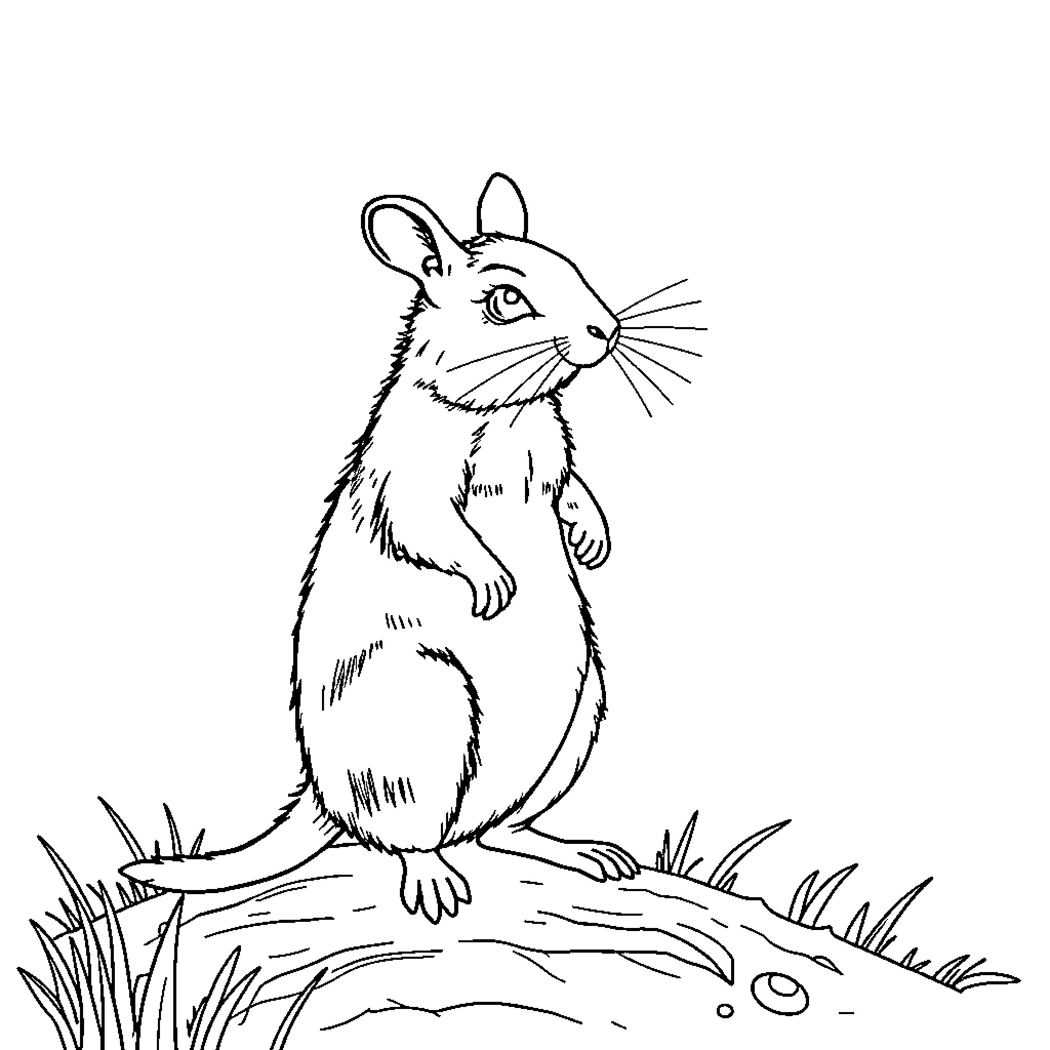 Mouse examining nature surroundings Coloring Page (free black-and-white line drawing printable PDF for all, from beginners to advanced learners, including children, teens, adults, and seniors)