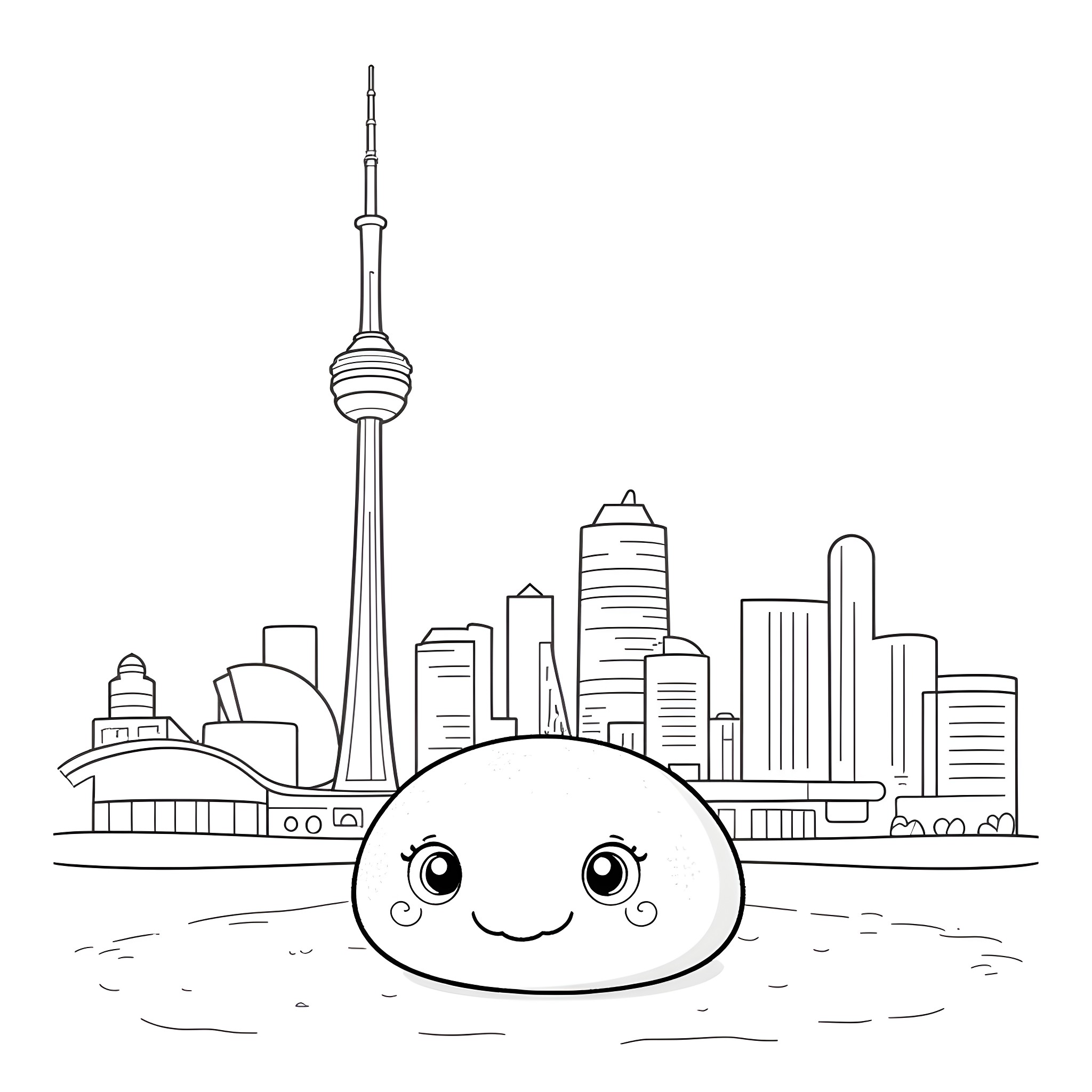 Bao exploring the city skyline Coloring Page (free black-and-white line drawing printable PDF for all, from beginners to advanced learners, including children, teens, adults, and seniors)