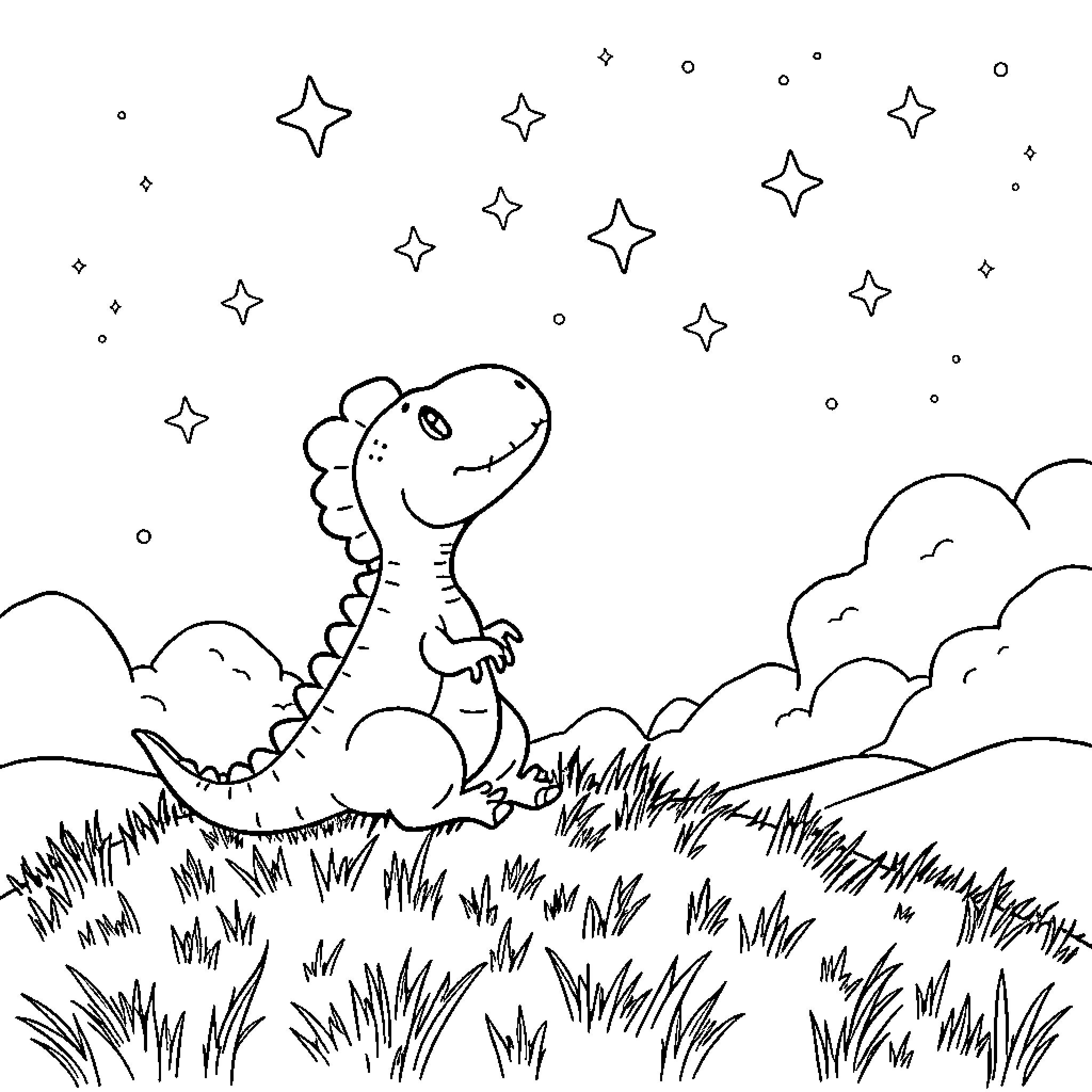 Dinosaur gazing at starry sky in a grassy field Coloring Page (free black-and-white line drawing printable PDF for all, from beginners to advanced learners, including children, teens, adults, and seniors)