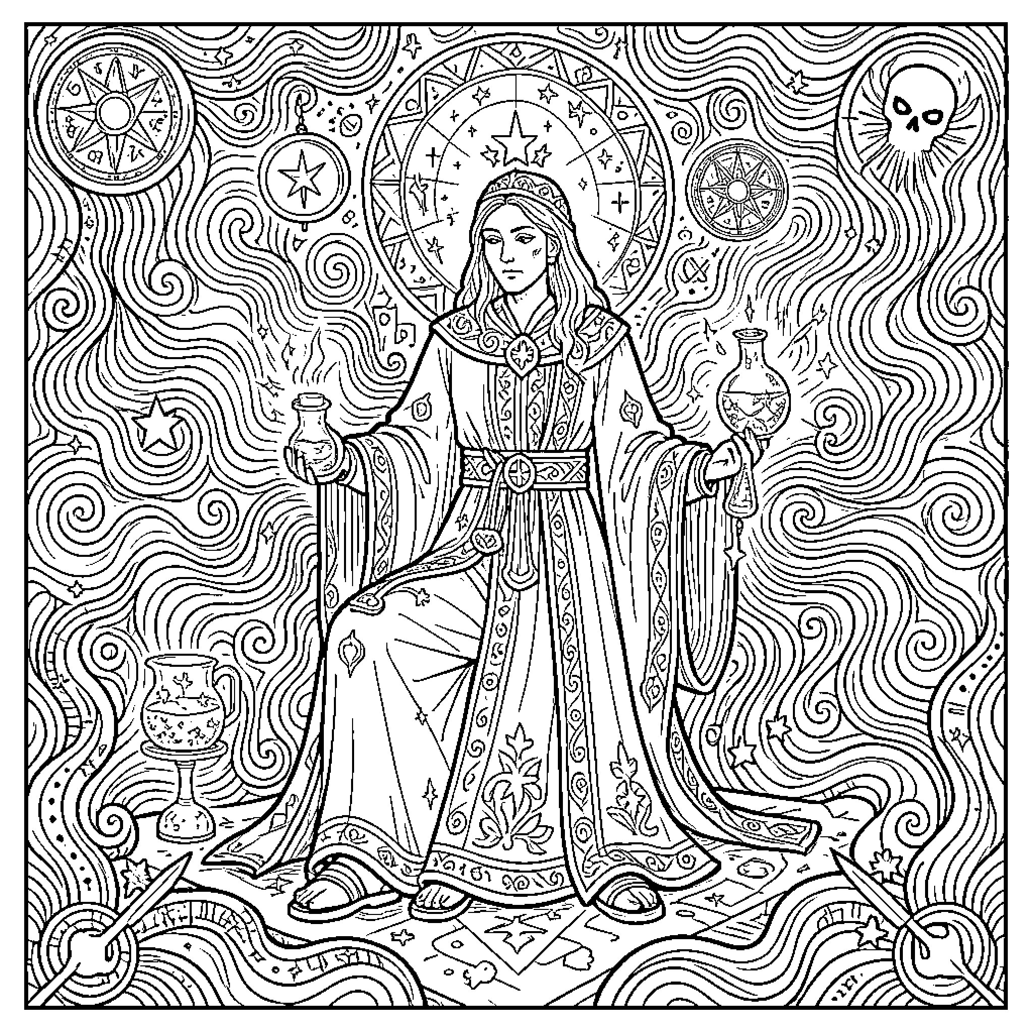 Alchemist Maiden Conjuring Celestial Mysteries Coloring Page (free black-and-white line drawing printable PDF for all, from beginners to advanced learners, including children, teens, adults, and seniors)