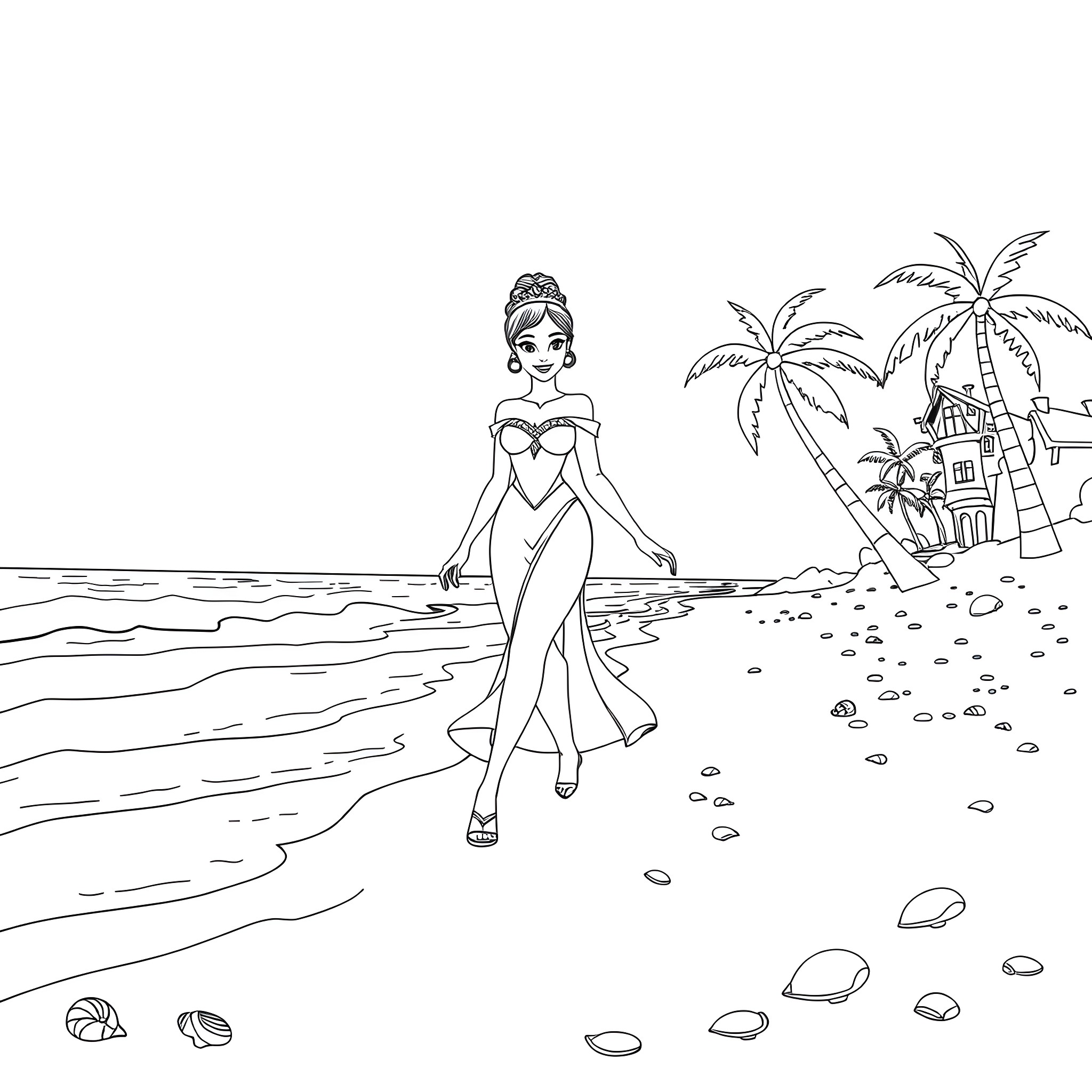 Princess Tiana enjoying a peaceful stroll on the beach Coloring Page (free black-and-white line drawing printable PDF for all, from beginners to advanced learners, including children, teens, adults, and seniors)