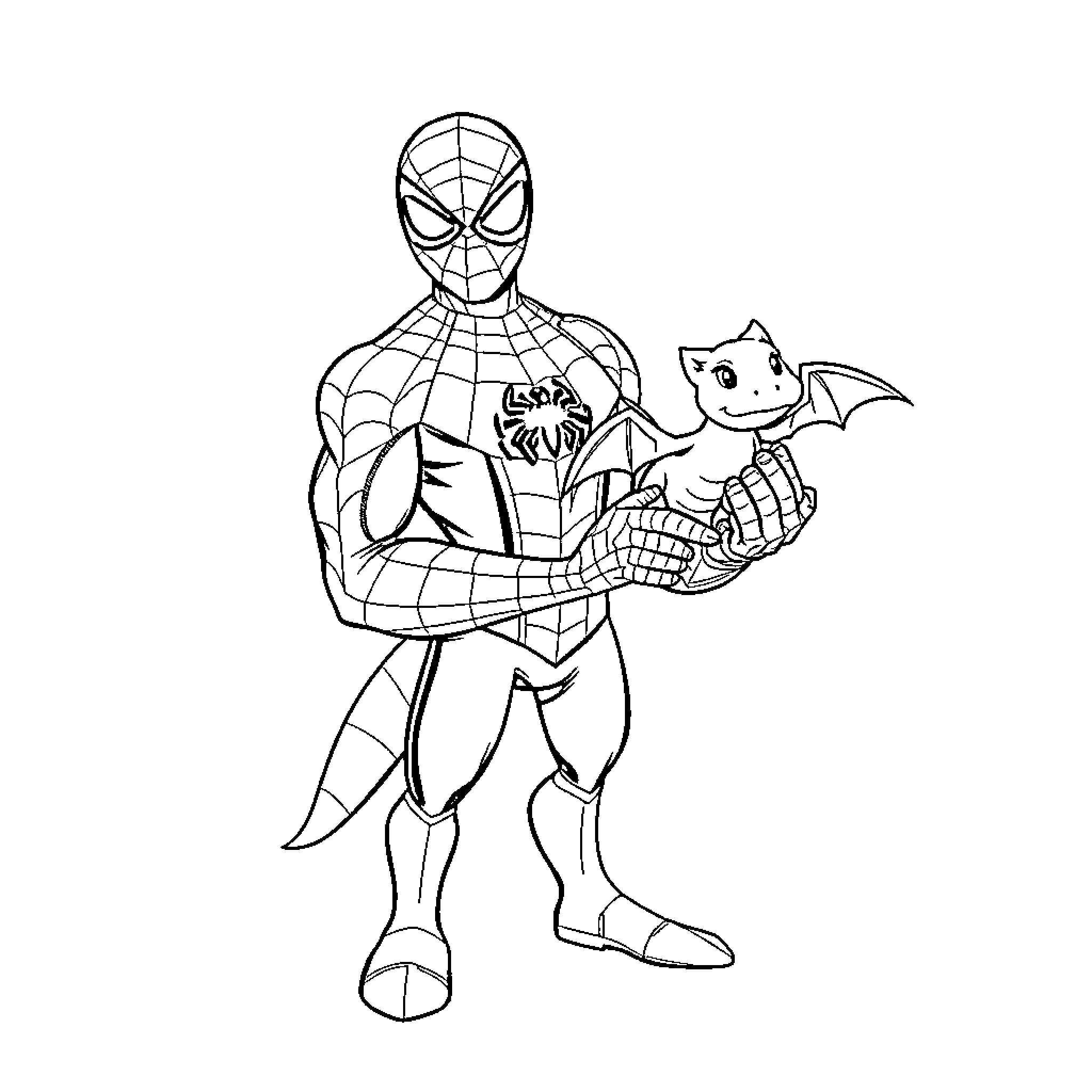 Spiderman saving a small pet creature Coloring Page (free black-and-white line drawing printable PDF for all, from beginners to advanced learners, including children, teens, adults, and seniors)