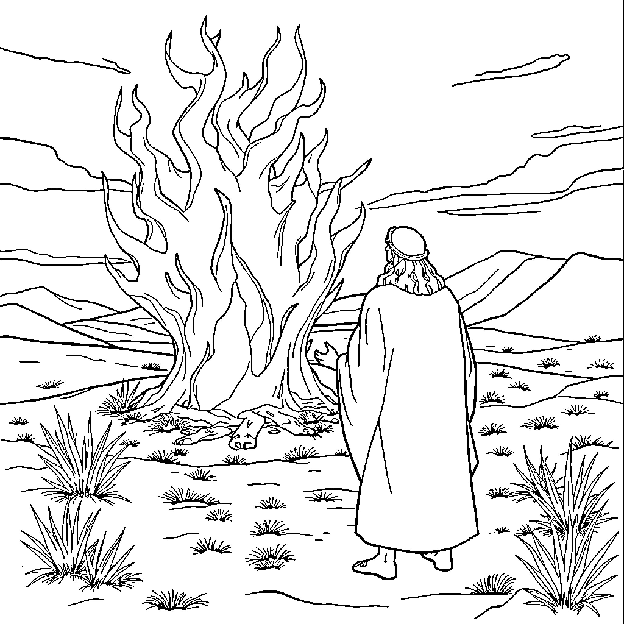 Moses in the Desert Encountering the Burning Bush Coloring Page (free black-and-white line drawing printable PDF for all, from beginners to advanced learners, including children, teens, adults, and seniors)