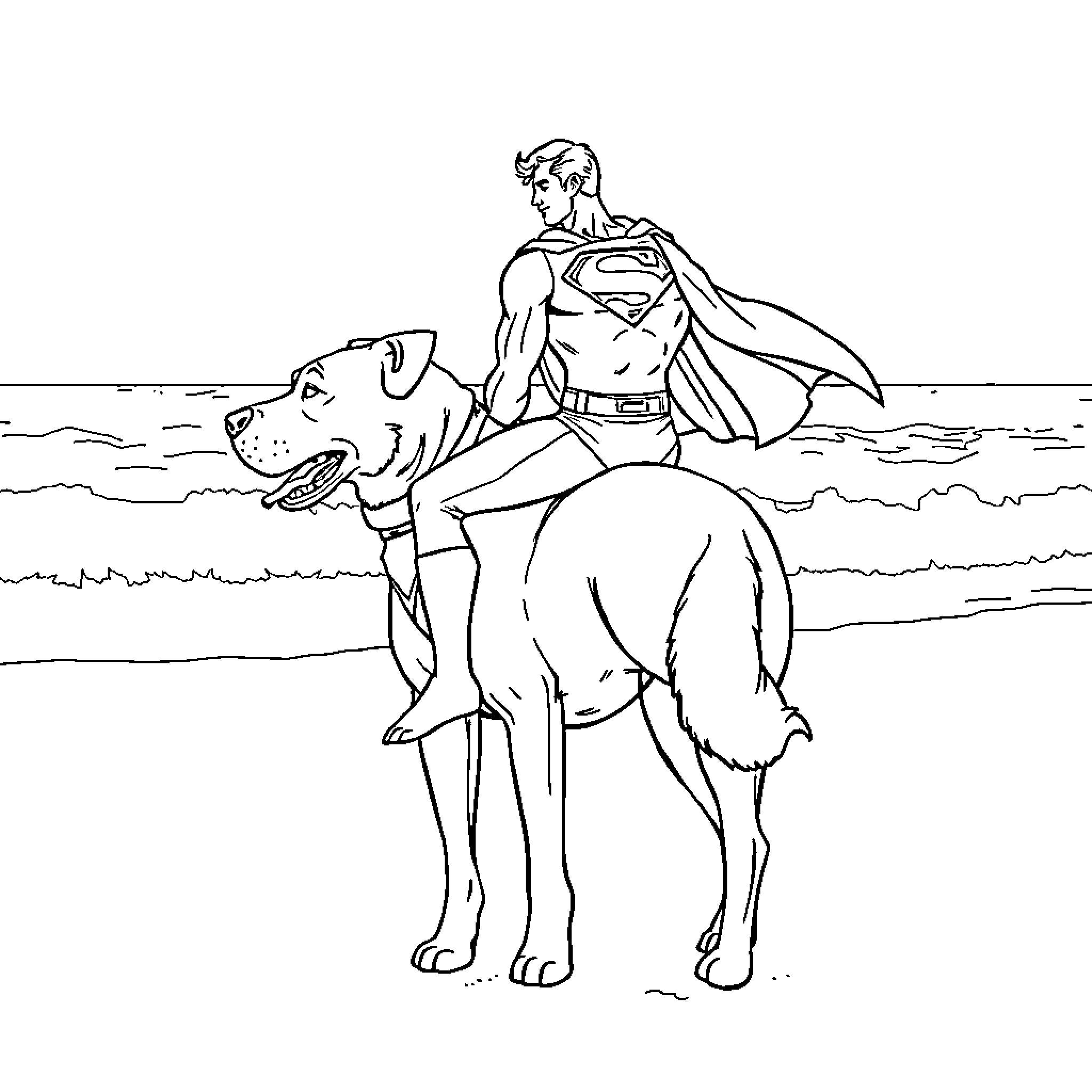 Superman and his loyal canine companion Coloring Page (free black-and-white line drawing printable PDF for all, from beginners to advanced learners, including children, teens, adults, and seniors)