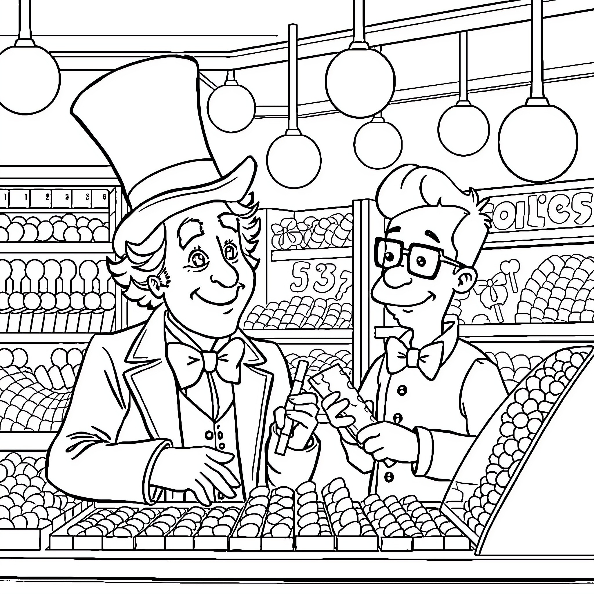 Willy Wonka and Charlie Tour Chocolate Factory Coloring Page (free black-and-white line drawing printable PDF for all, from beginners to advanced learners, including children, teens, adults, and seniors)
