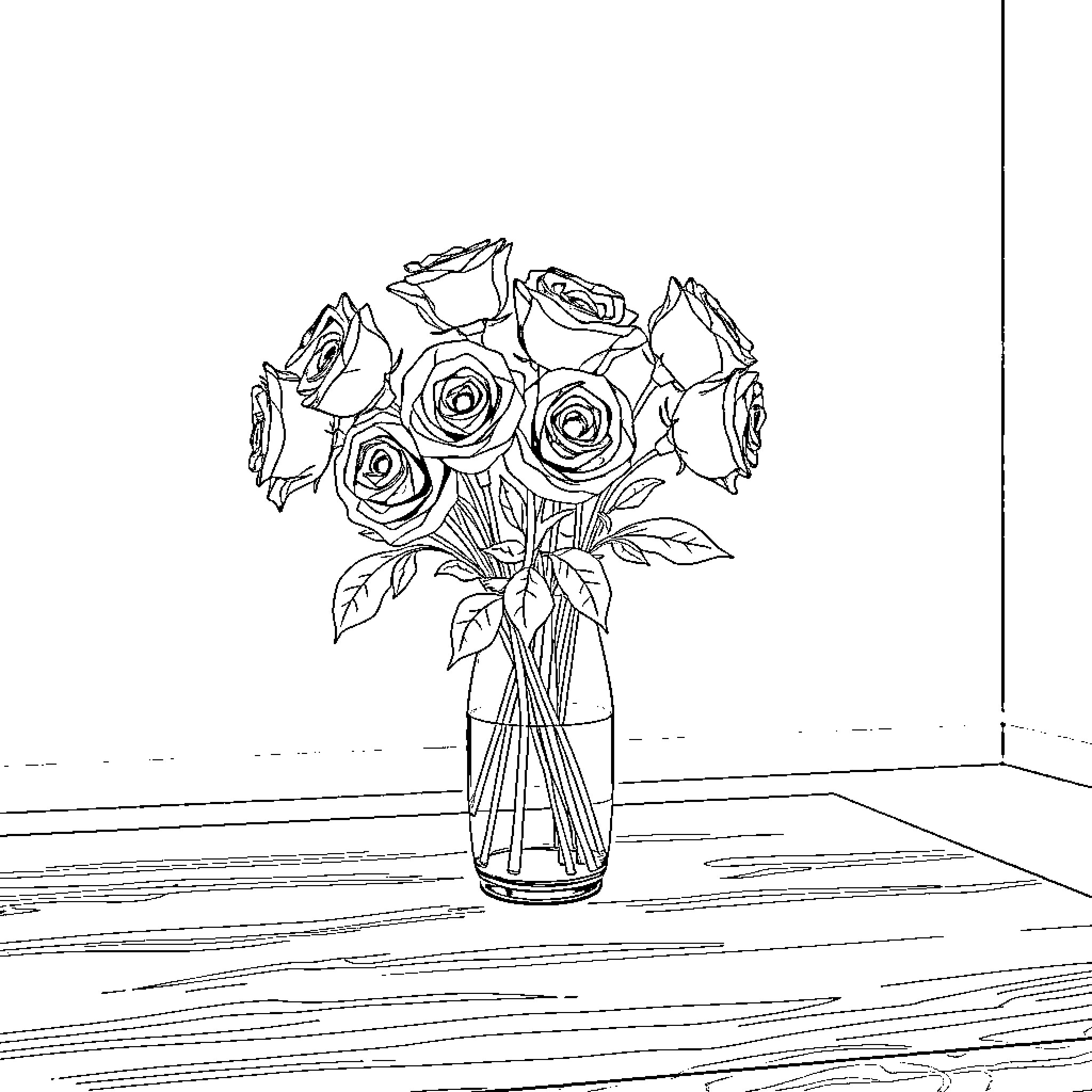 Rose bouquet in a glass vase Coloring Page (free black-and-white line drawing printable PDF for all, from beginners to advanced learners, including children, teens, adults, and seniors)