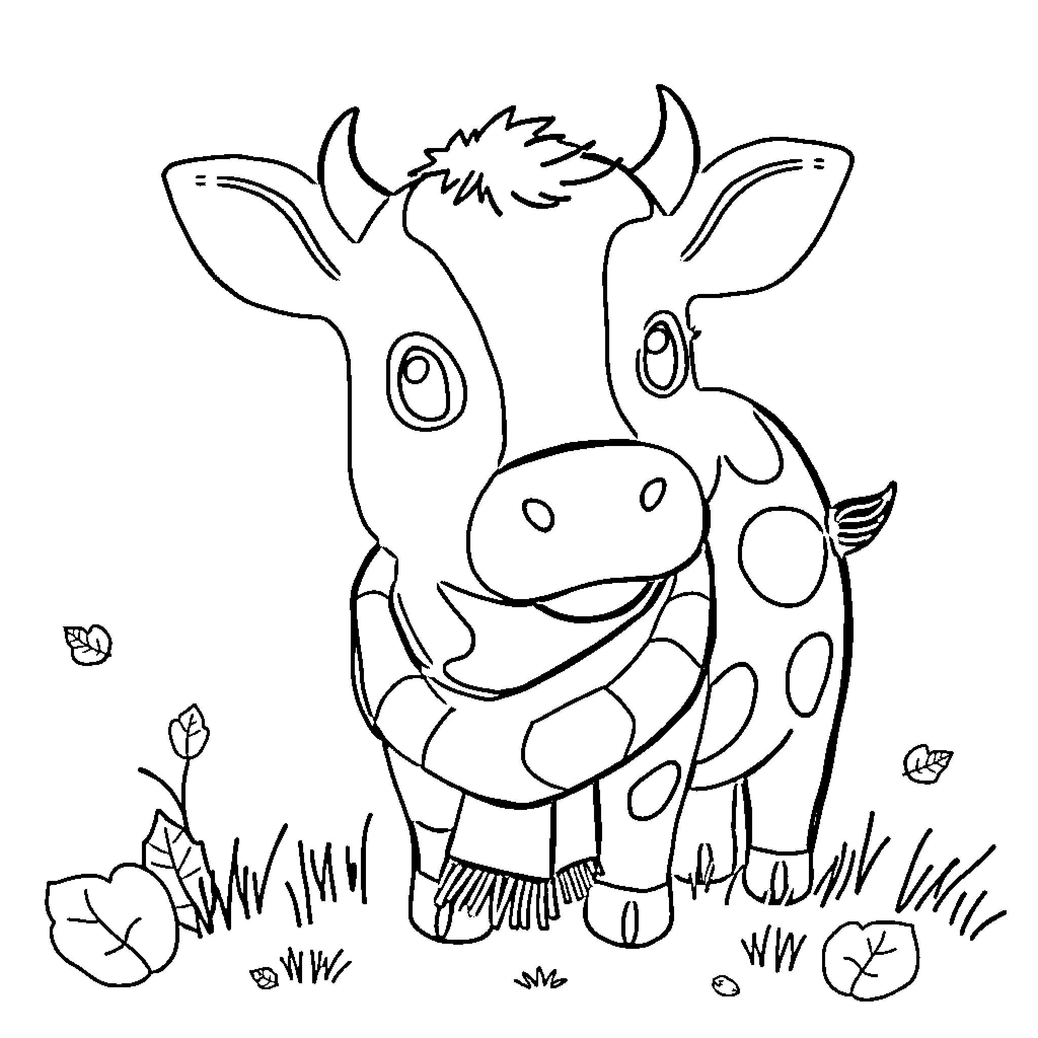 Cow enjoying the outdoors in a playful manner Coloring Page (free black-and-white line drawing printable PDF for all, from beginners to advanced learners, including children, teens, adults, and seniors)