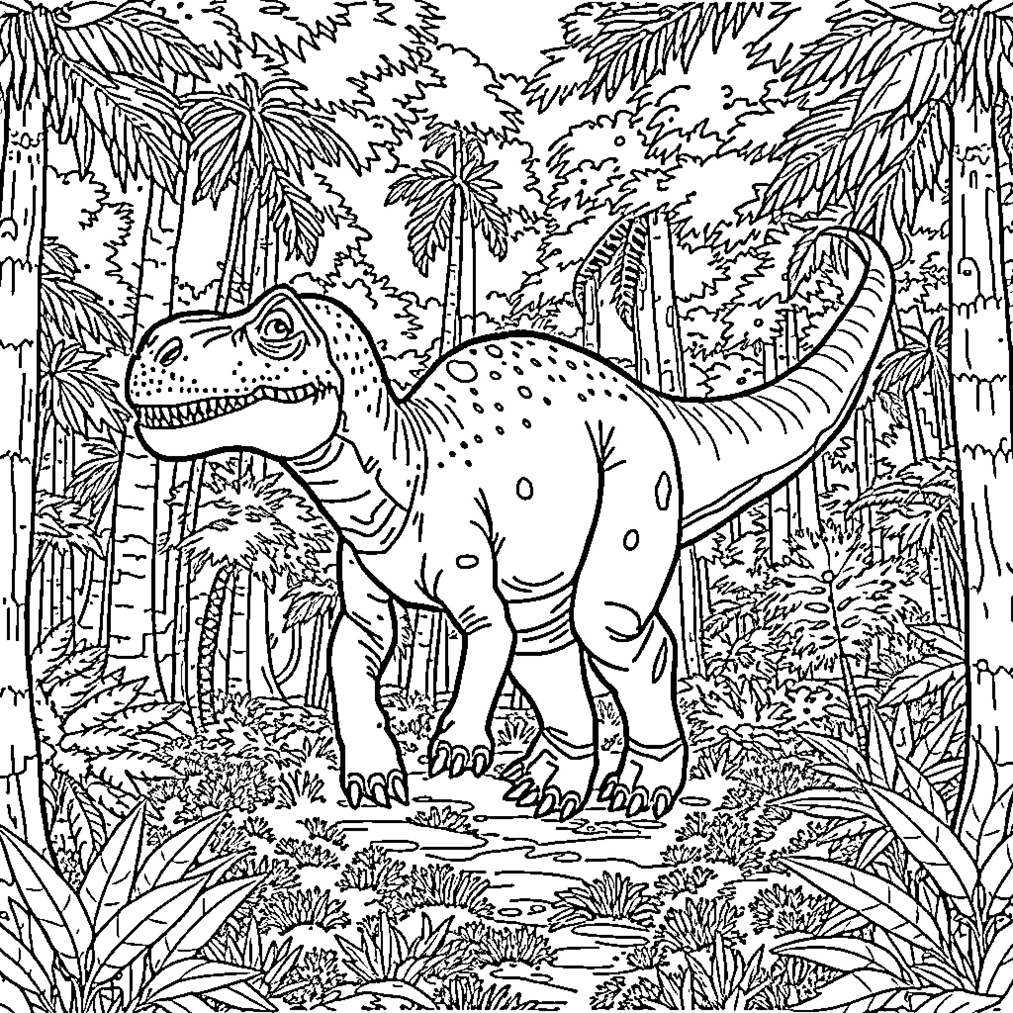 Dinosaur exploring the lush jungle landscape Coloring Page (free black-and-white line drawing printable PDF for all, from beginners to advanced learners, including children, teens, adults, and seniors)