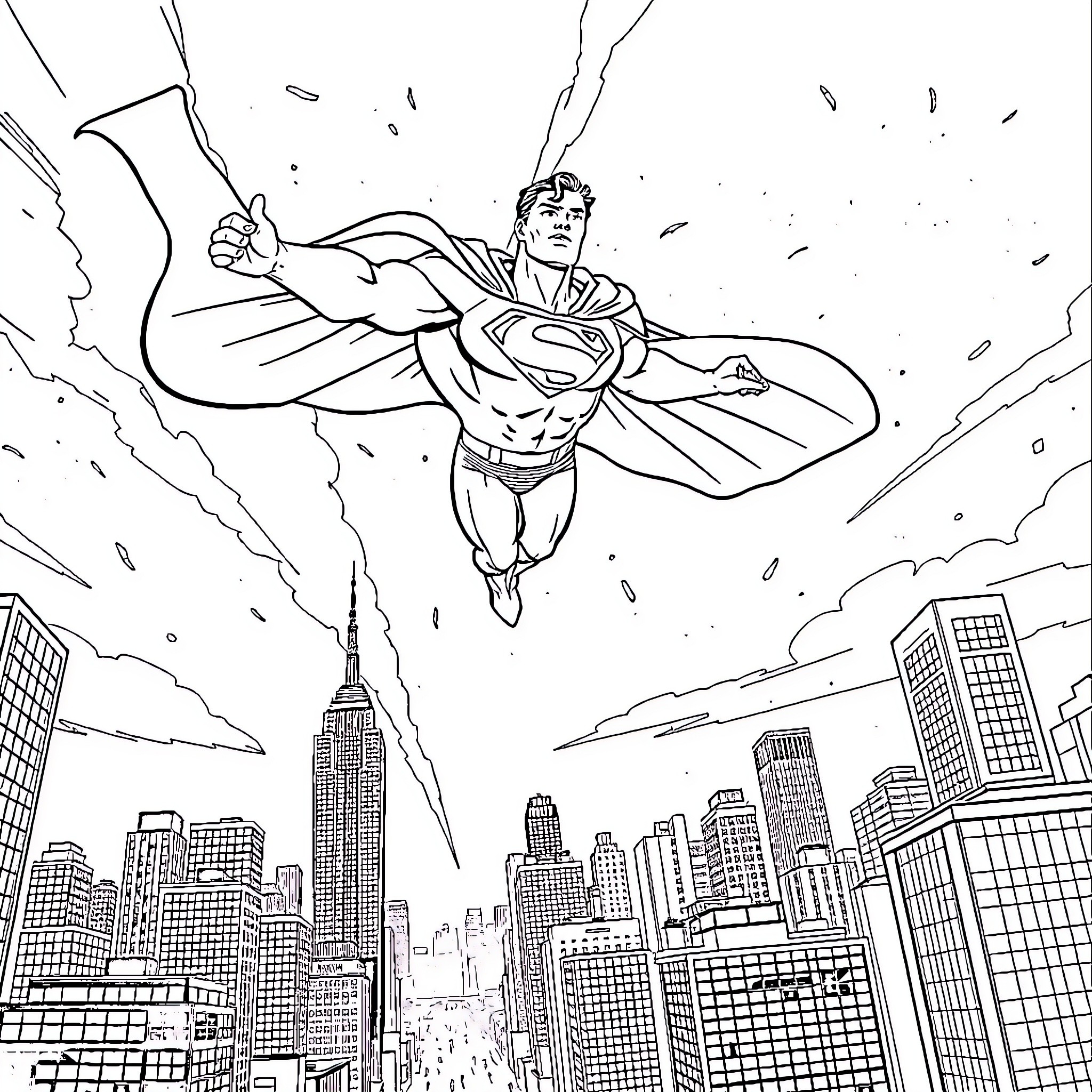 Superman soaring through the city Coloring Page (free black-and-white line drawing printable PDF for all, from beginners to advanced learners, including children, teens, adults, and seniors)