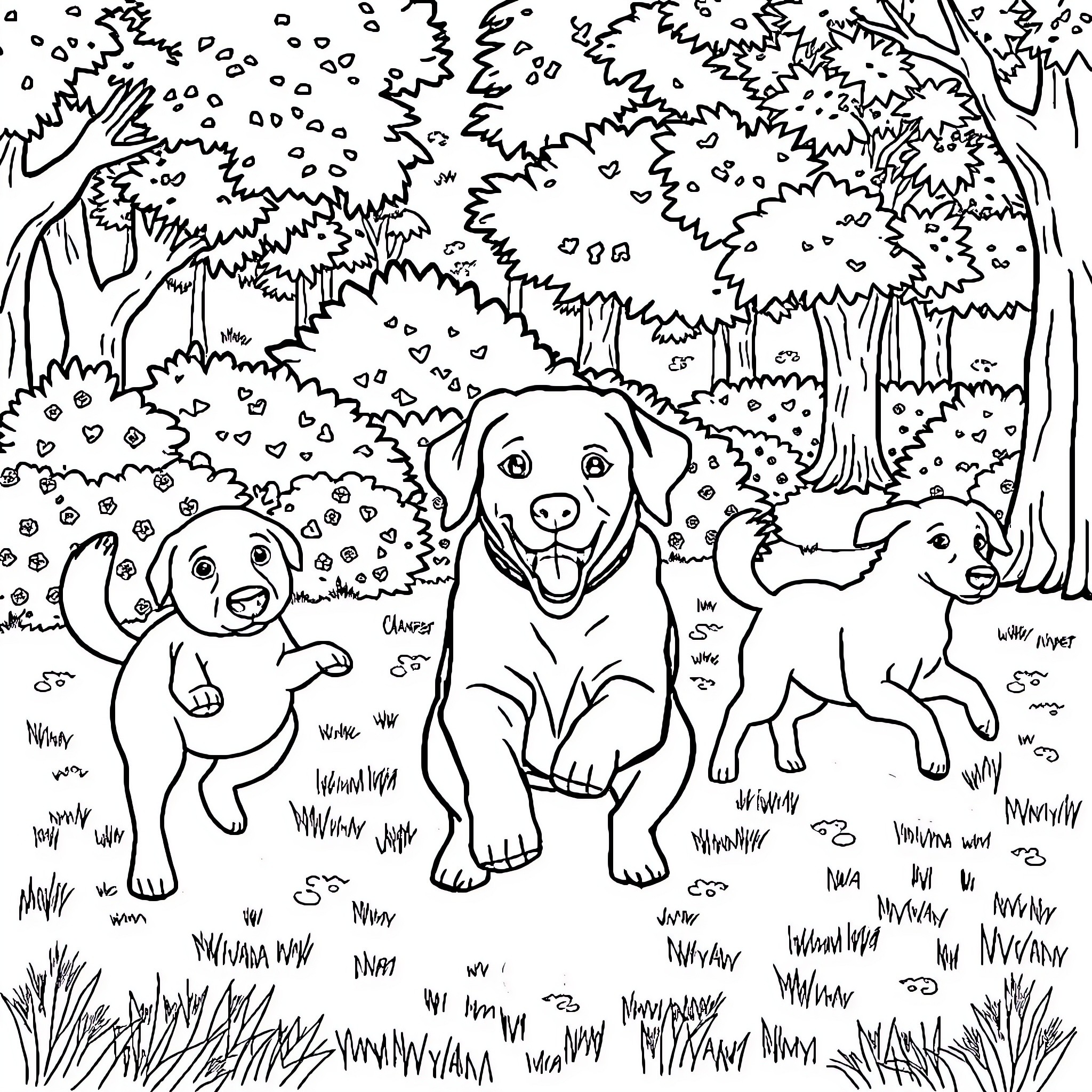 Labrador Puppies Exploring the Lush Forest Coloring Page (free black-and-white line drawing printable PDF for all, from beginners to advanced learners, including children, teens, adults, and seniors)