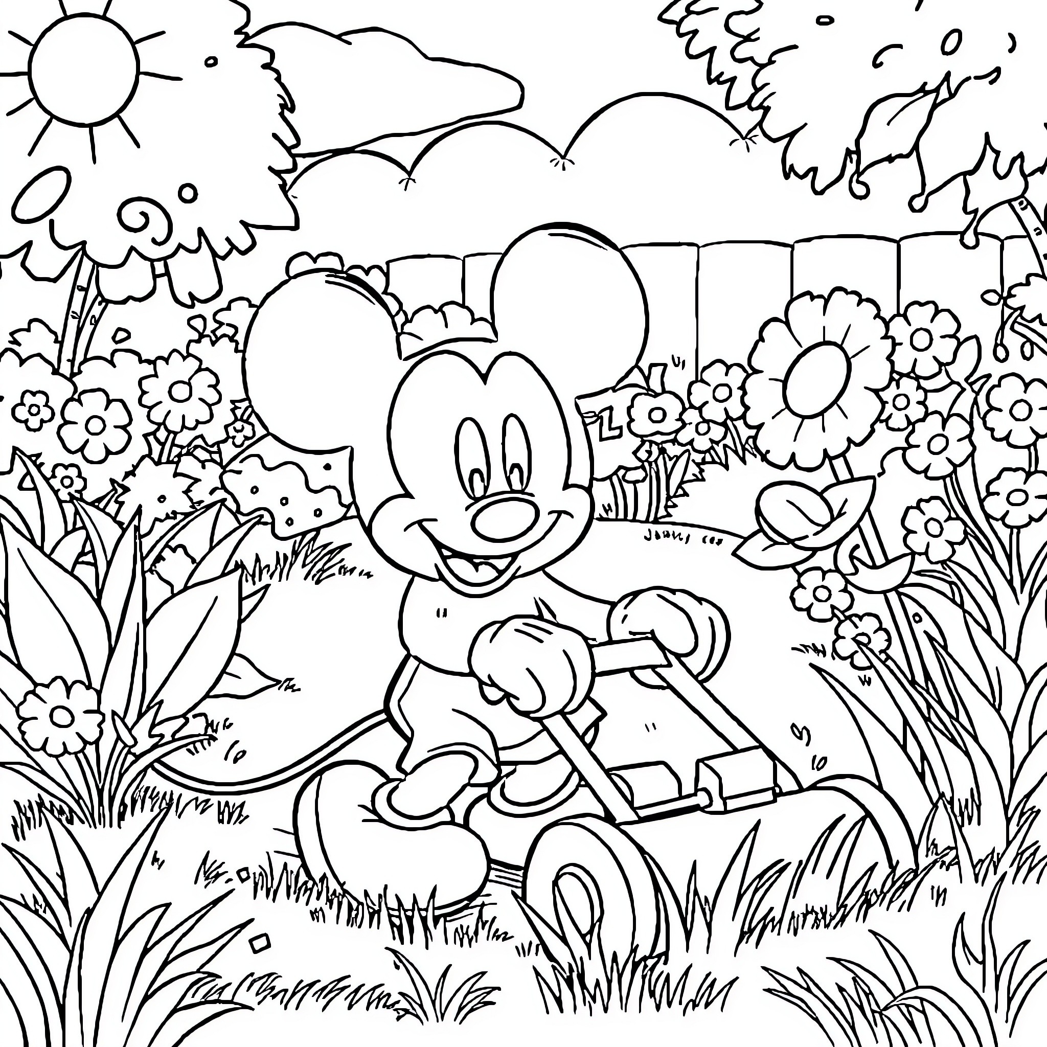 Mickey Mouse enjoying a sunny day in the garden Coloring Page (free black-and-white line drawing printable PDF for all, from beginners to advanced learners, including children, teens, adults, and seniors)