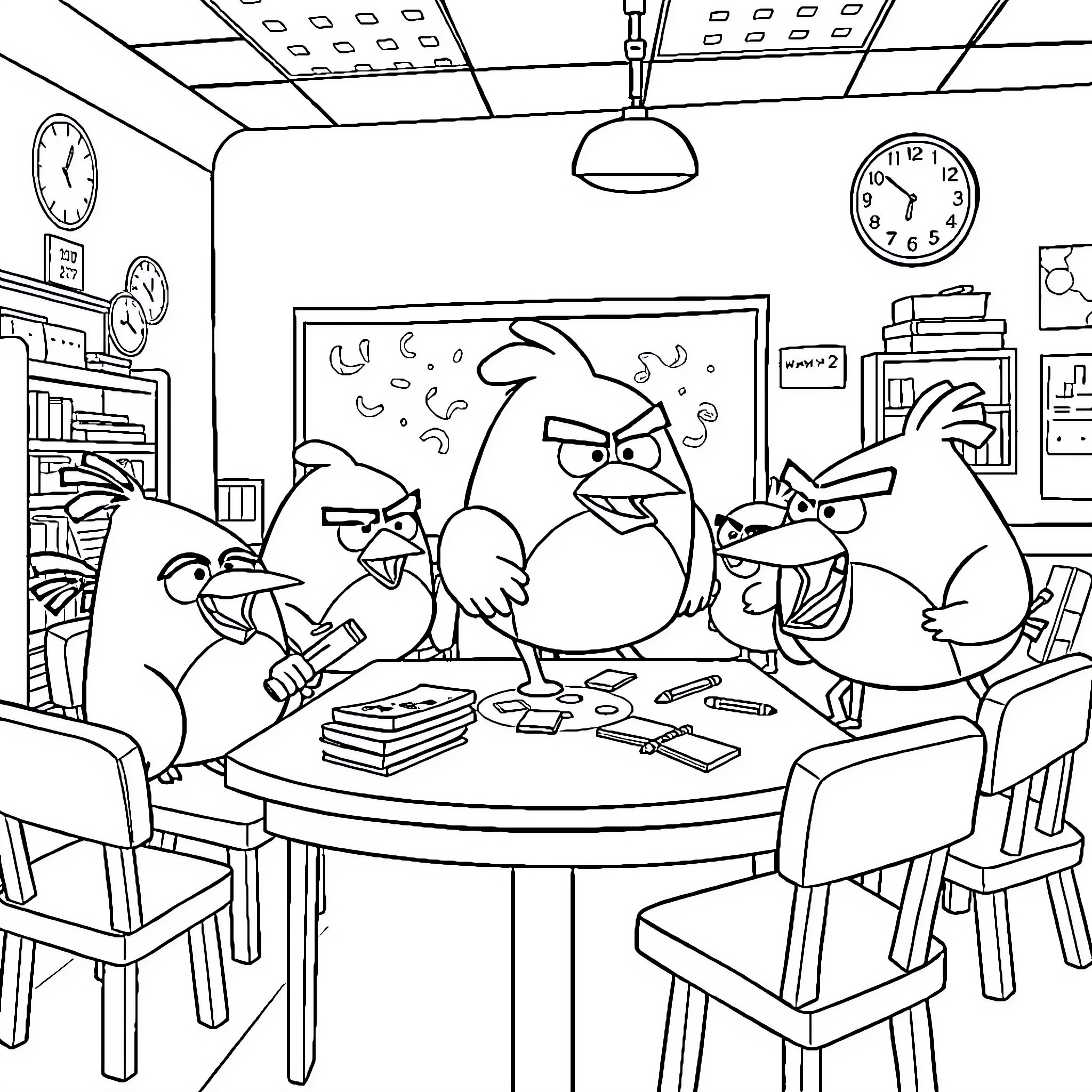 Angry Birds Causing Chaos in the Classroom Coloring Page (free black-and-white line drawing printable PDF for all, from beginners to advanced learners, including children, teens, adults, and seniors)