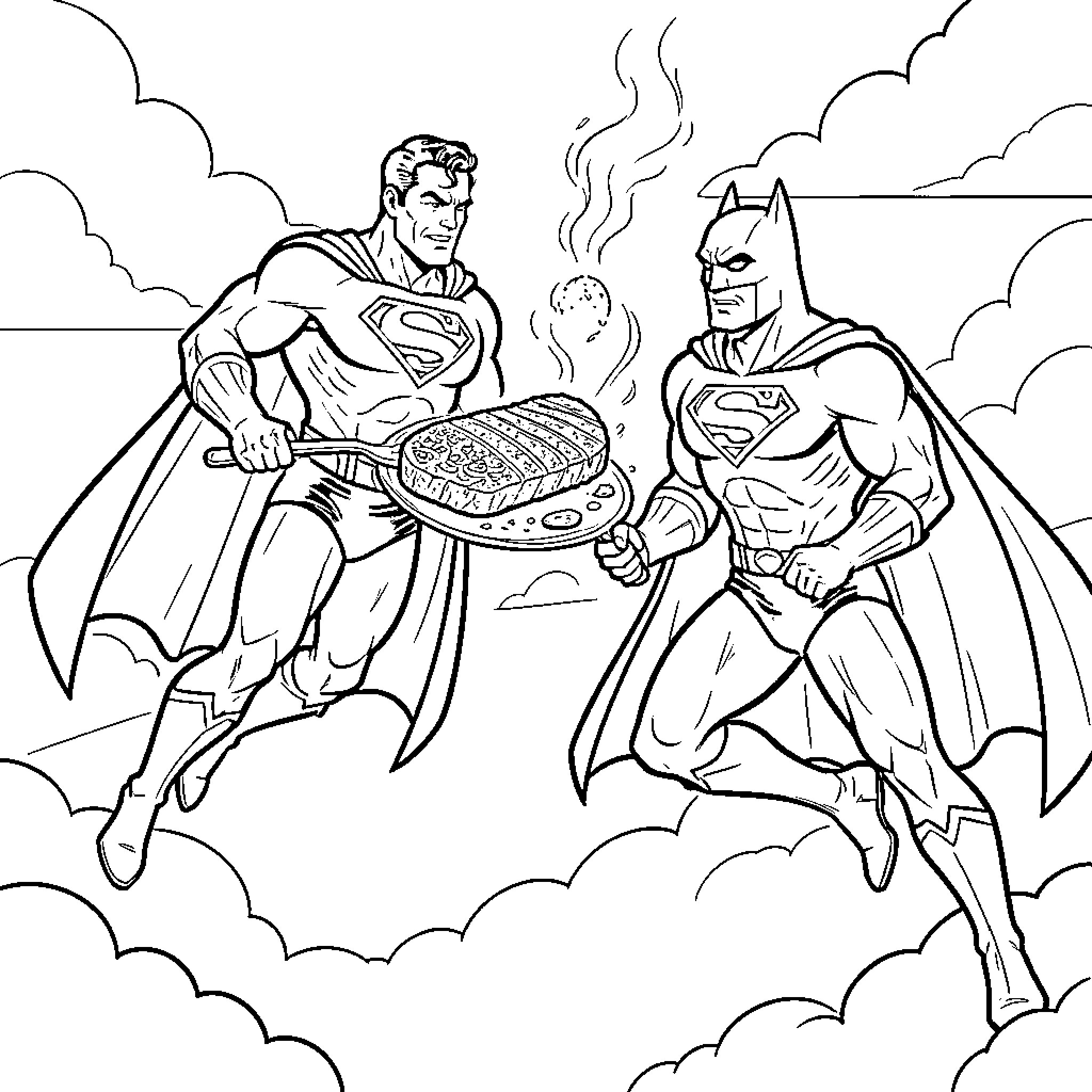 Superman and Batman flying while carrying a steak Coloring Page (free black-and-white line drawing printable PDF for all, from beginners to advanced learners, including children, teens, adults, and seniors)
