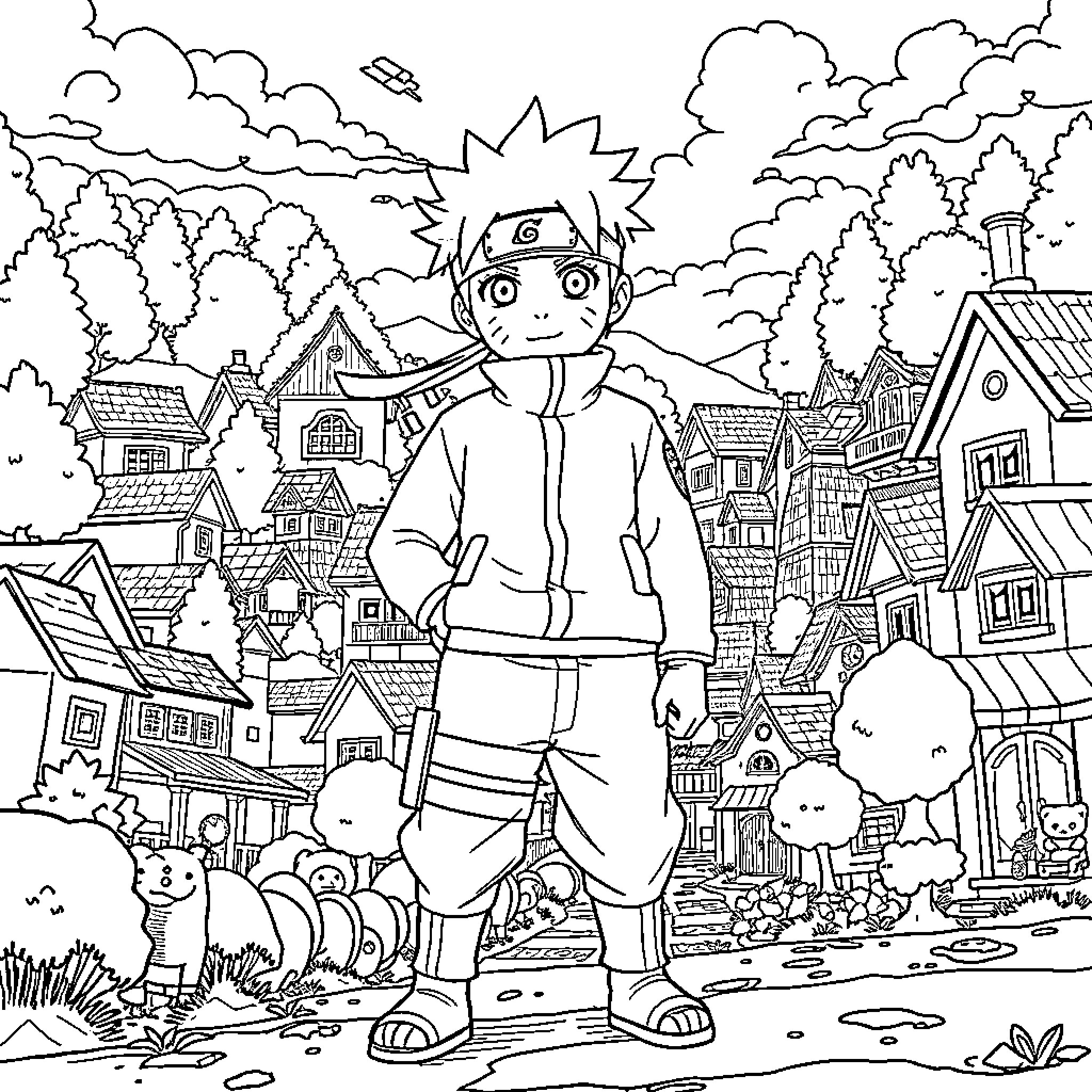 Naruto exploring the village with excitement and wonder Coloring Page (free black-and-white line drawing printable PDF for all, from beginners to advanced learners, including children, teens, adults, and seniors)