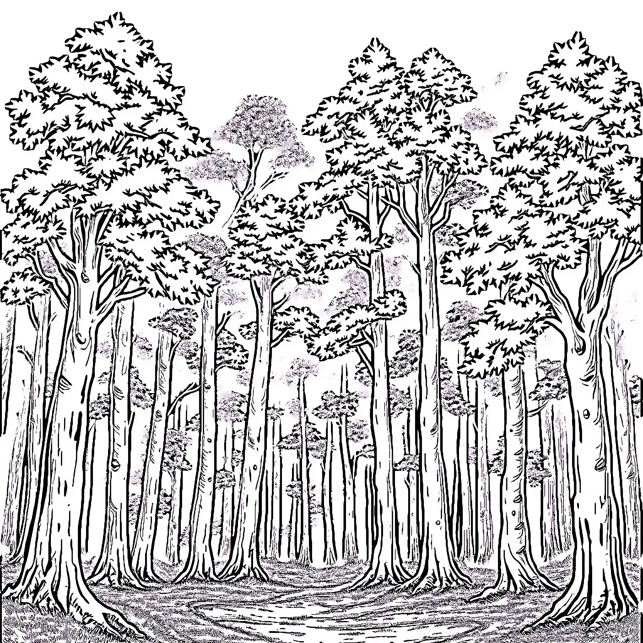 Forest scene with dense trees and foliage Coloring Page (free black-and-white line drawing printable PDF for all, from beginners to advanced learners, including children, teens, adults, and seniors)