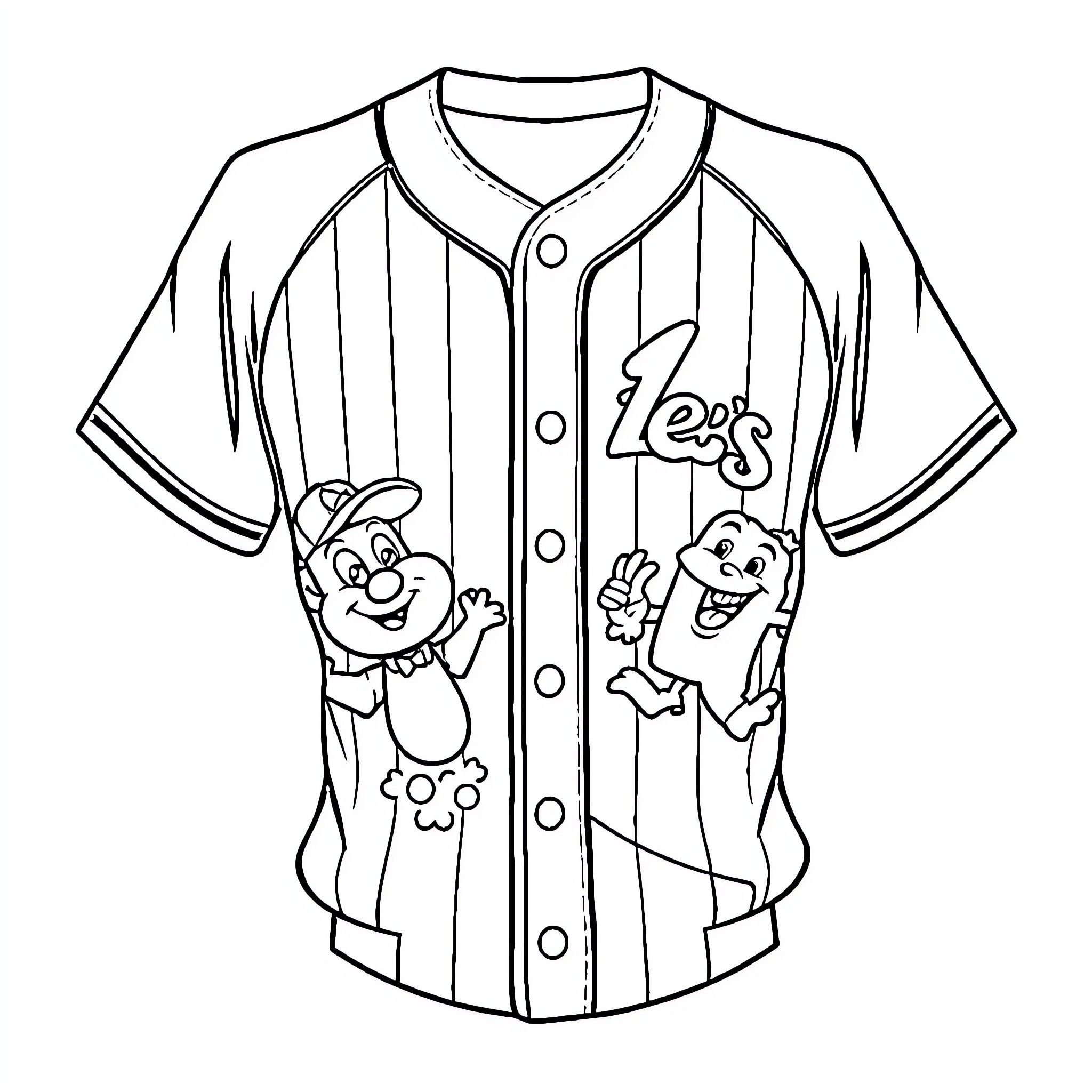 Baseball Jersey with Cartoon Characters Coloring Page (free black-and-white line drawing printable PDF for all, from beginners to advanced learners, including children, teens, adults, and seniors)