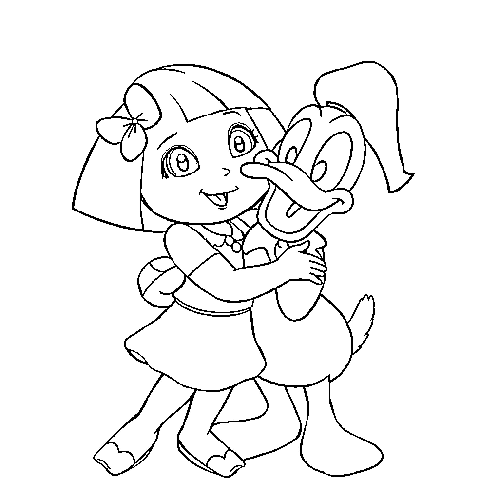 Dora hugging a friendly cartoon duck happily Coloring Page (free black-and-white line drawing printable PDF for all, from beginners to advanced learners, including children, teens, adults, and seniors)