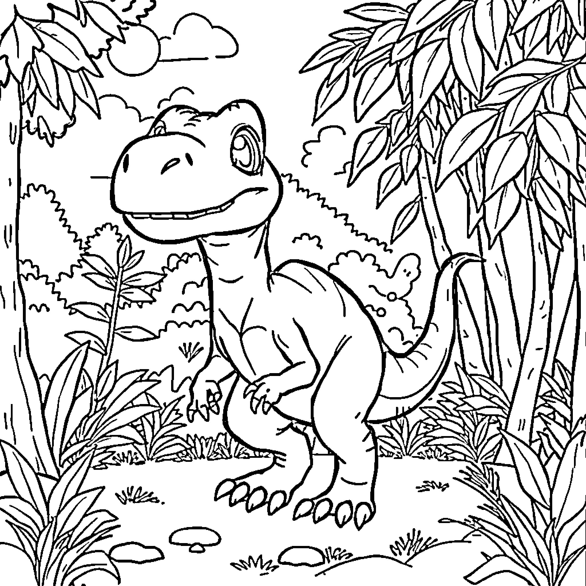 Velociraptor exploring the lush jungle landscape Coloring Page (free black-and-white line drawing printable PDF for all, from beginners to advanced learners, including children, teens, adults, and seniors)