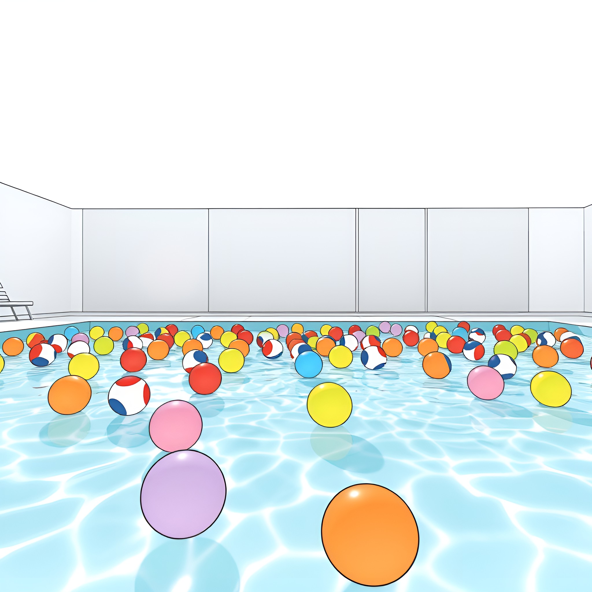 Ball Floating Fun in Colorful Pool Coloring Page (free black-and-white line drawing printable PDF for all, from beginners to advanced learners, including children, teens, adults, and seniors)