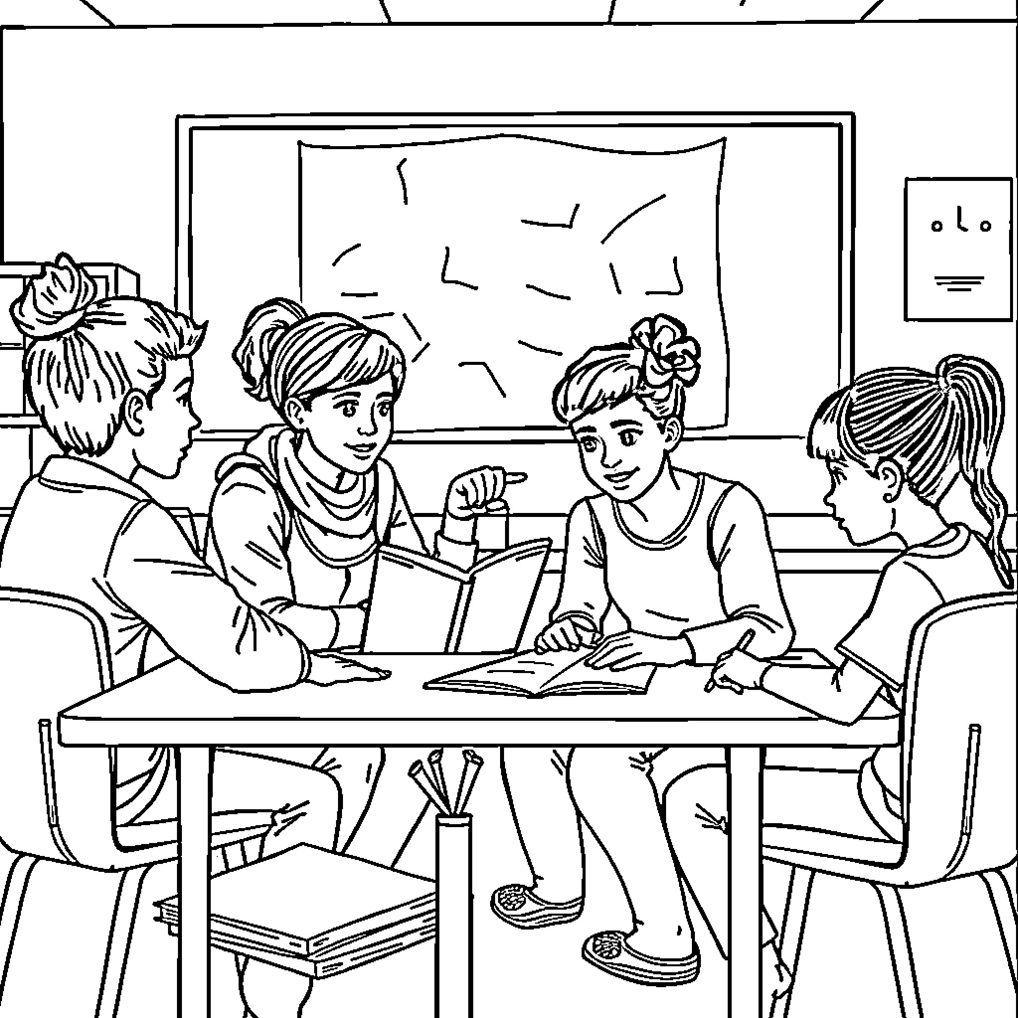 Parent Teacher Meeting in Classroom Coloring Page (free black-and-white line drawing printable PDF for all, from beginners to advanced learners, including children, teens, adults, and seniors)
