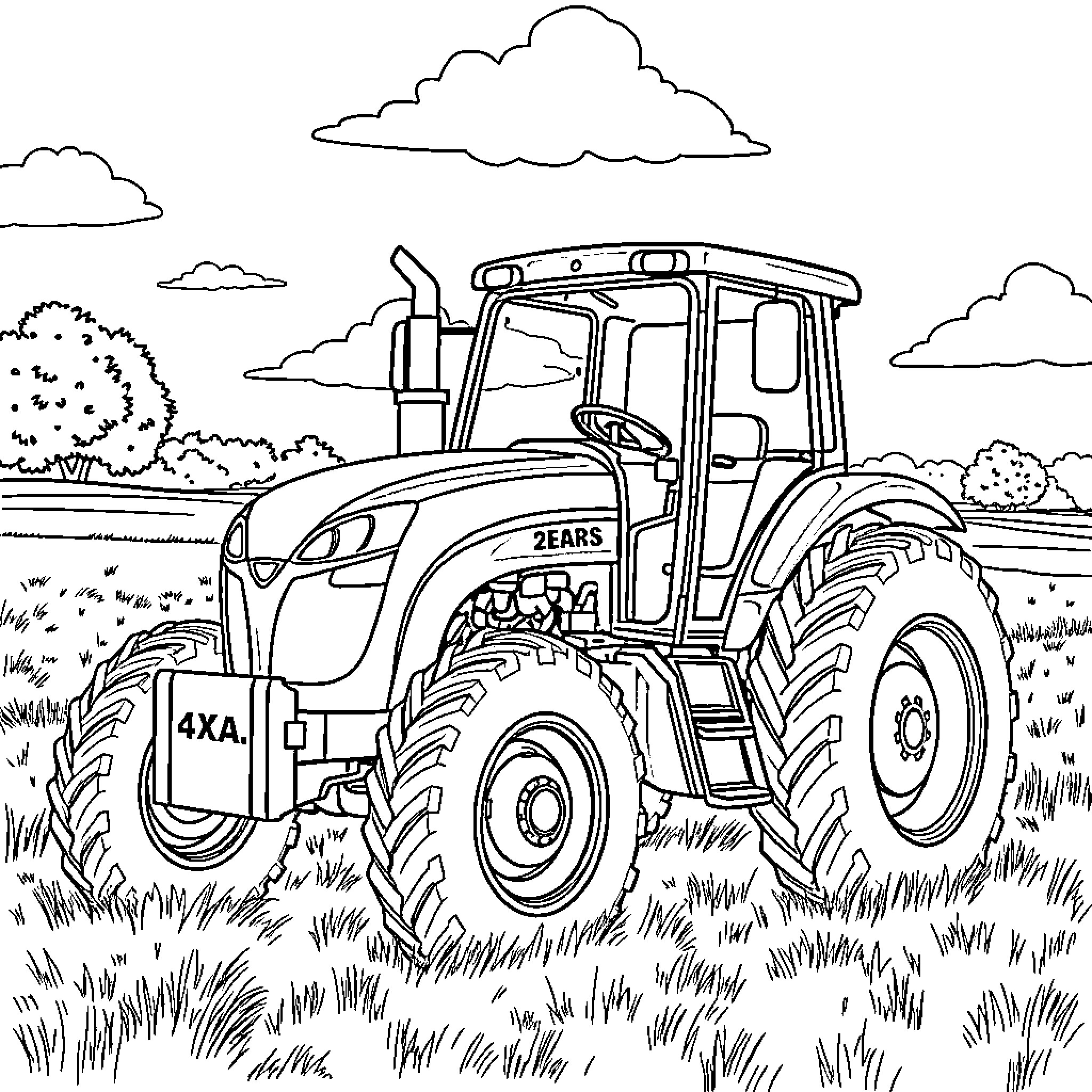 Tractor plowing the field on a countryside landscape Coloring Page (free black-and-white line drawing printable PDF for all, from beginners to advanced learners, including children, teens, adults, and seniors)