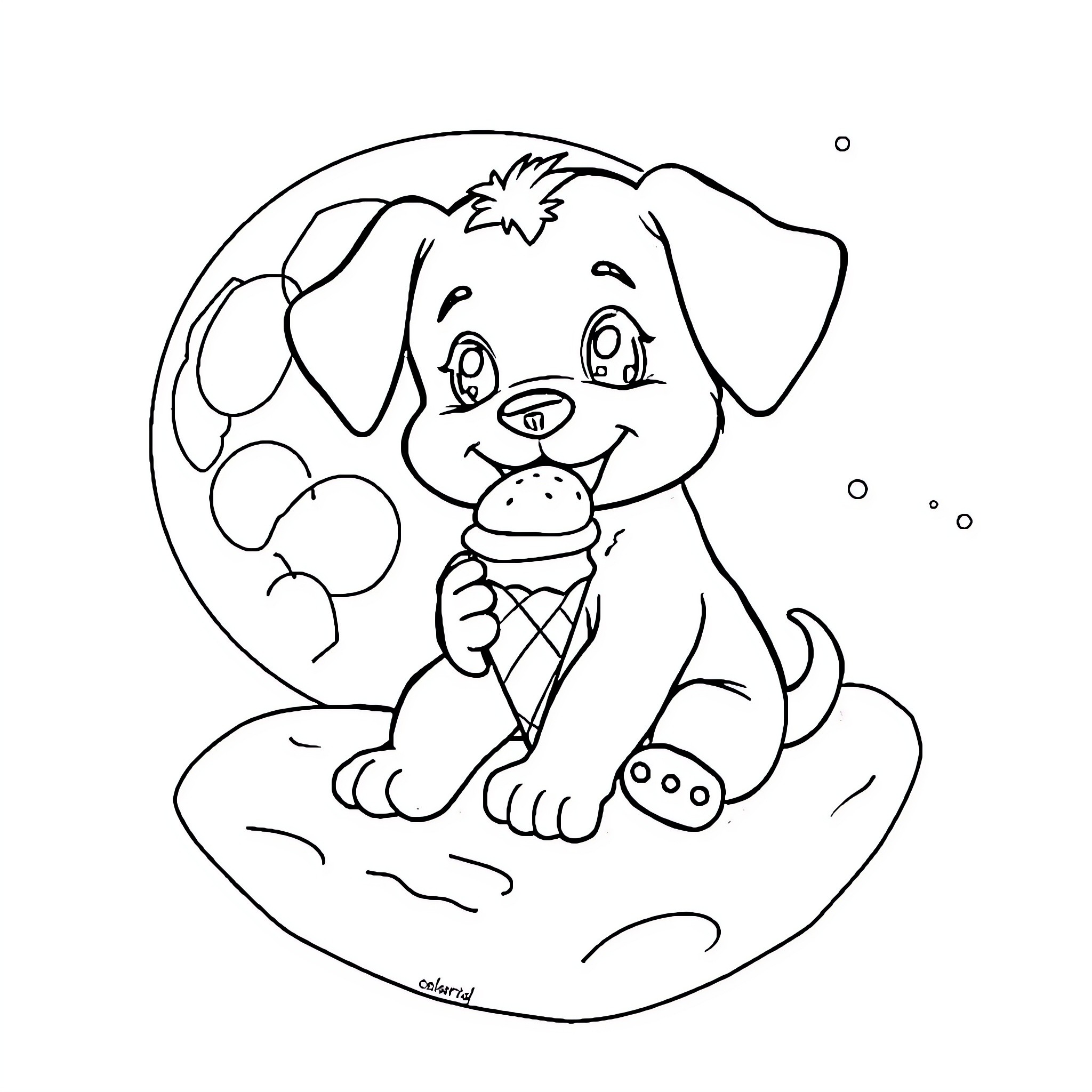 Puppy Enjoying an Ice Cream Treat Coloring Page (free black-and-white line drawing printable PDF for all, from beginners to advanced learners, including children, teens, adults, and seniors)