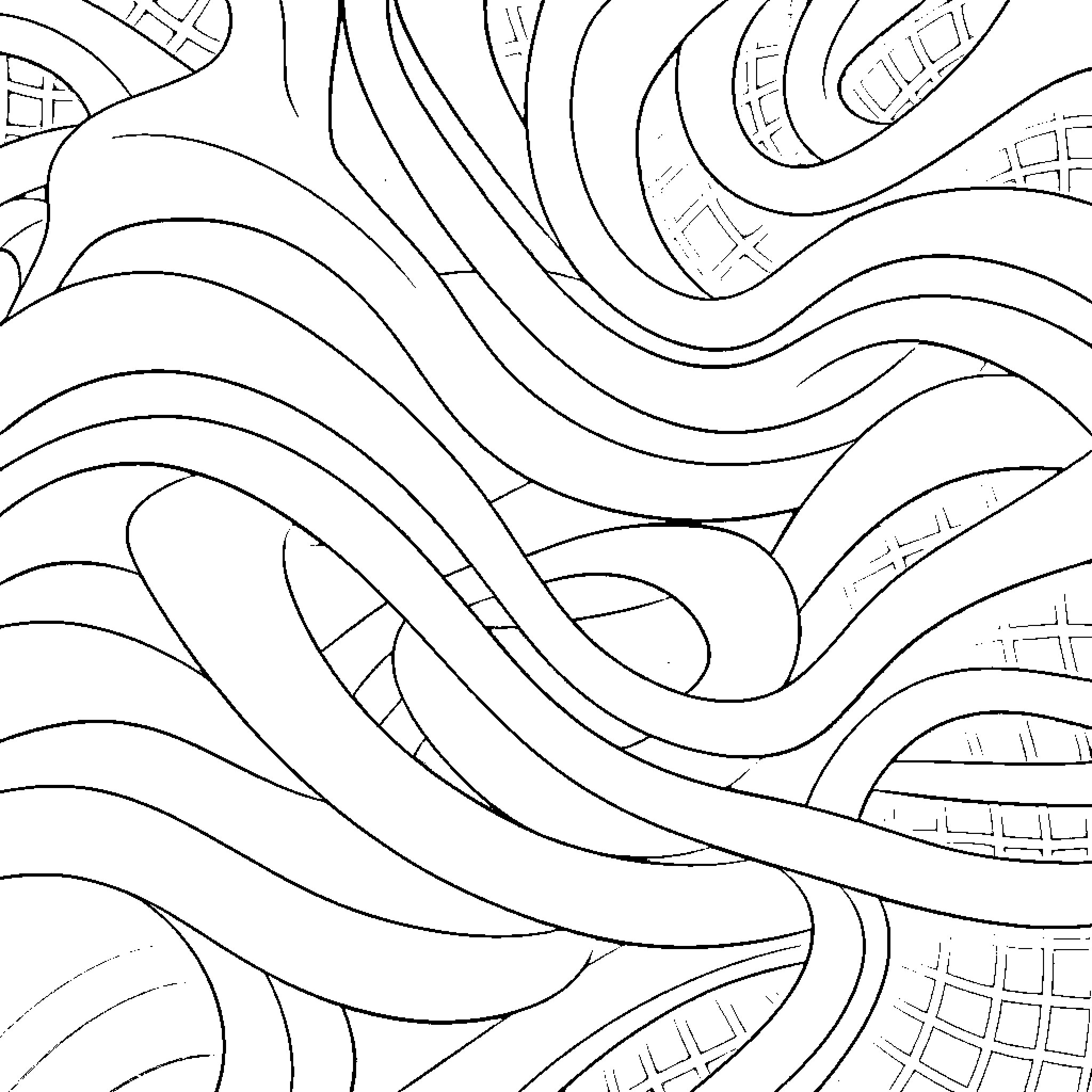 Abstract Flowing Organic Shapes Coloring Page (free black-and-white line drawing printable PDF for all, from beginners to advanced learners, including children, teens, adults, and seniors)