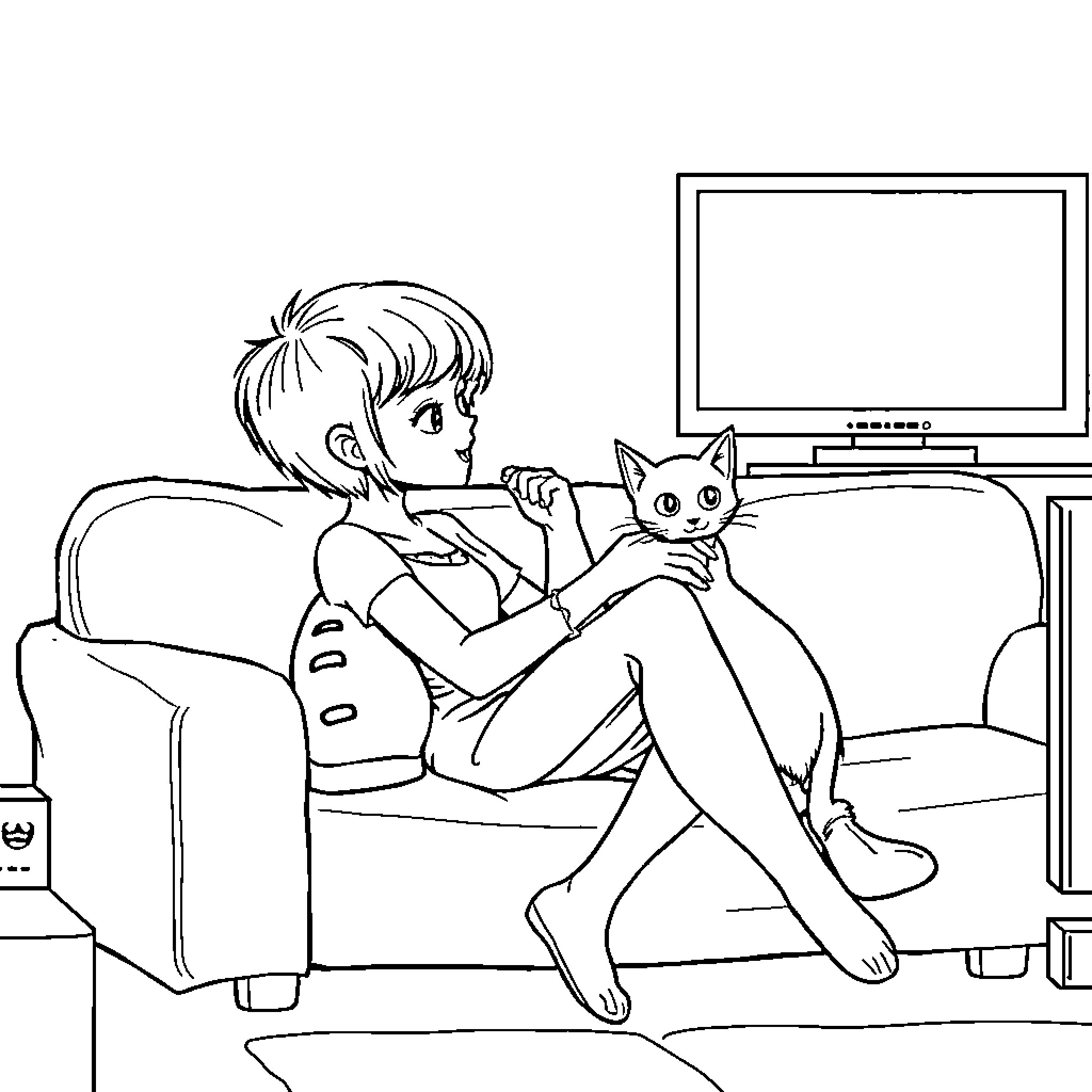 Girl relaxing on the couch with her pet cat Coloring Page (free black-and-white line drawing printable PDF for all, from beginners to advanced learners, including children, teens, adults, and seniors)