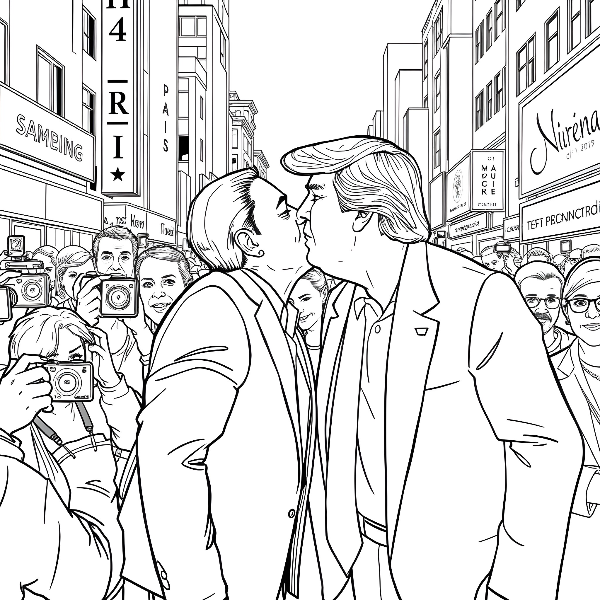 Elon's Encounter with Paparazzi in the City Coloring Page (free black-and-white line drawing printable PDF for all, from beginners to advanced learners, including children, teens, adults, and seniors)