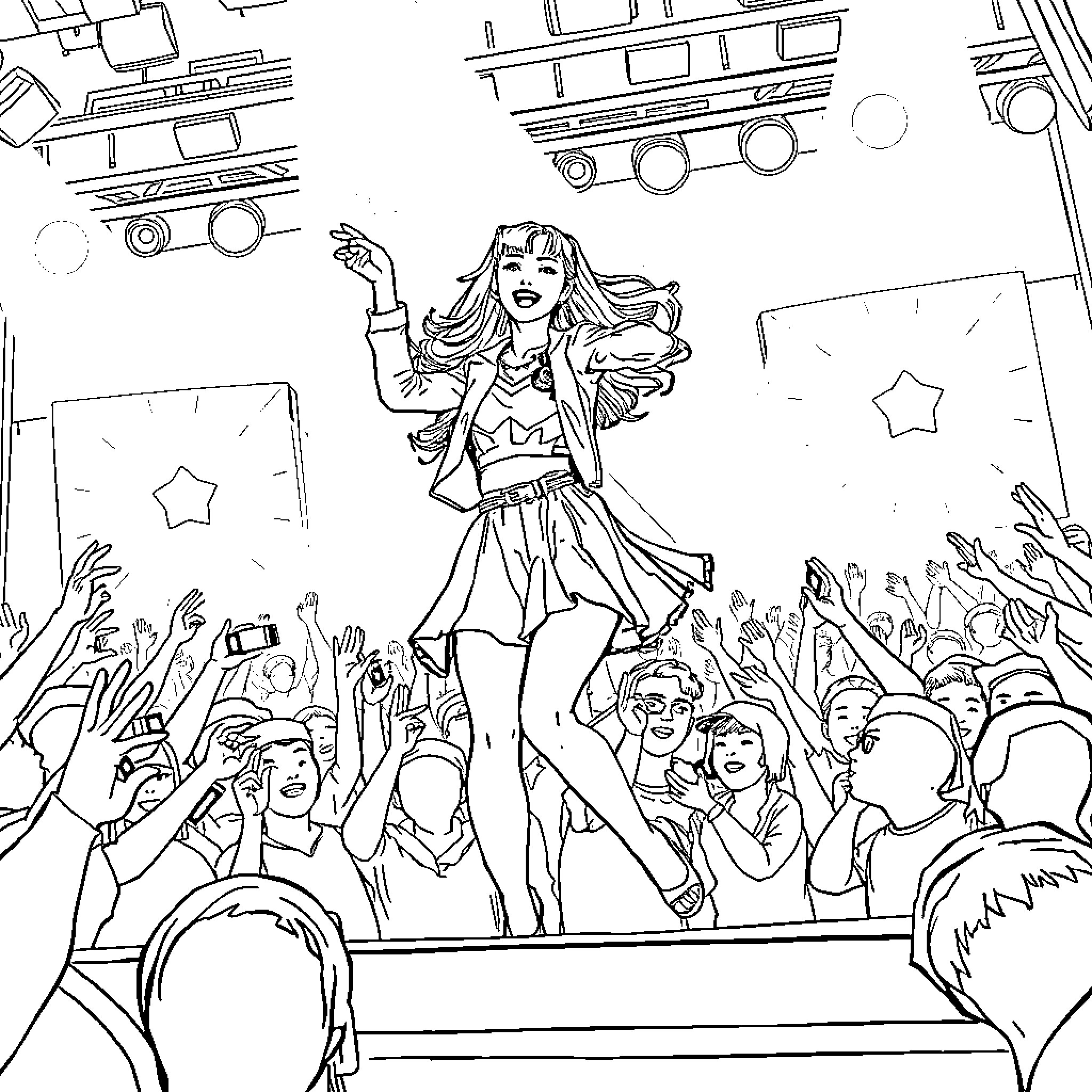 Rumi's Energetic Performance on Stage Coloring Page (free black-and-white line drawing printable PDF for all, from beginners to advanced learners, including children, teens, adults, and seniors)