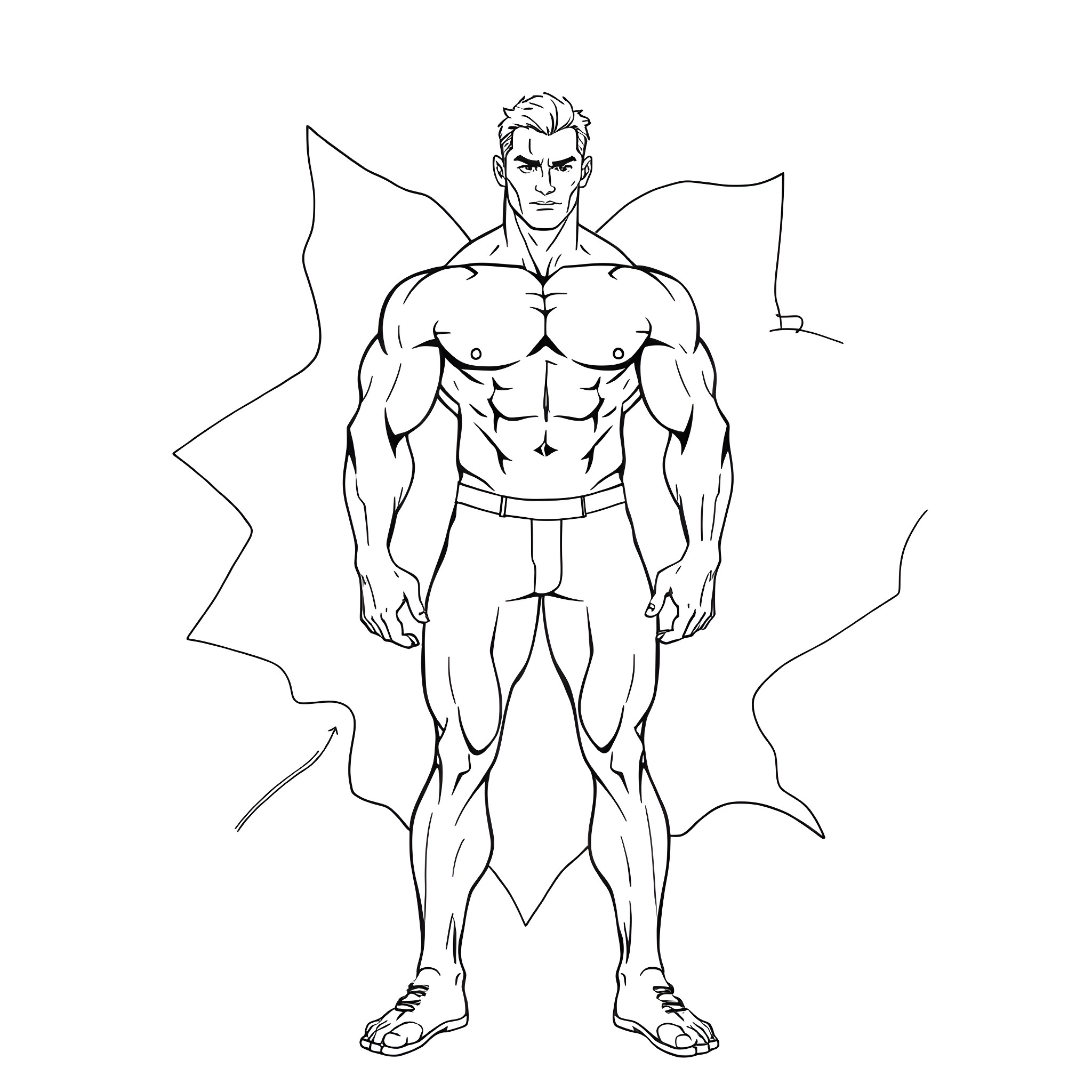 Man in heroic superhero pose Coloring Page (free black-and-white line drawing printable PDF for all, from beginners to advanced learners, including children, teens, adults, and seniors)