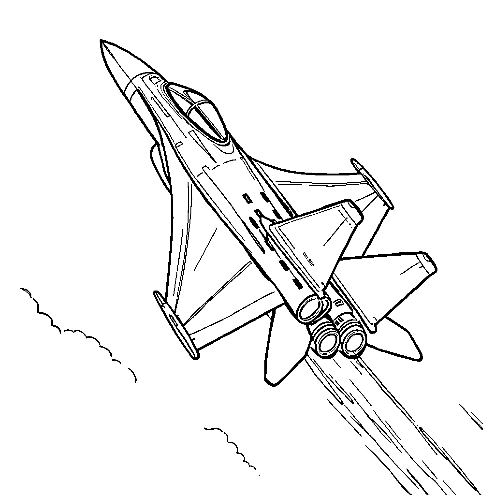 Jet aircraft soaring through the sky Coloring Page (free black-and-white line drawing printable PDF for all, from beginners to advanced learners, including children, teens, adults, and seniors)
