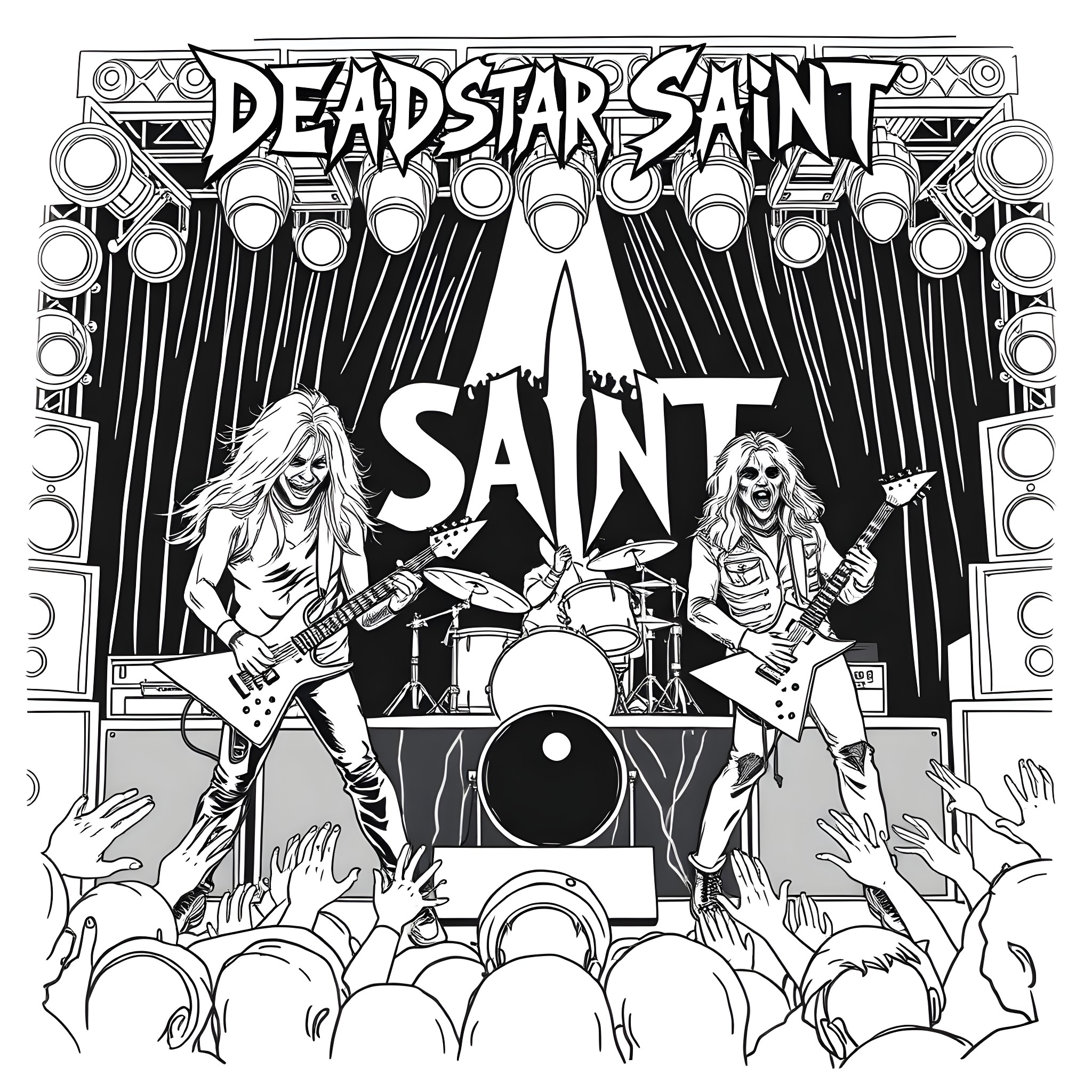 Band performing with intense energy on stage Coloring Page (free black-and-white line drawing printable PDF for all, from beginners to advanced learners, including children, teens, adults, and seniors)