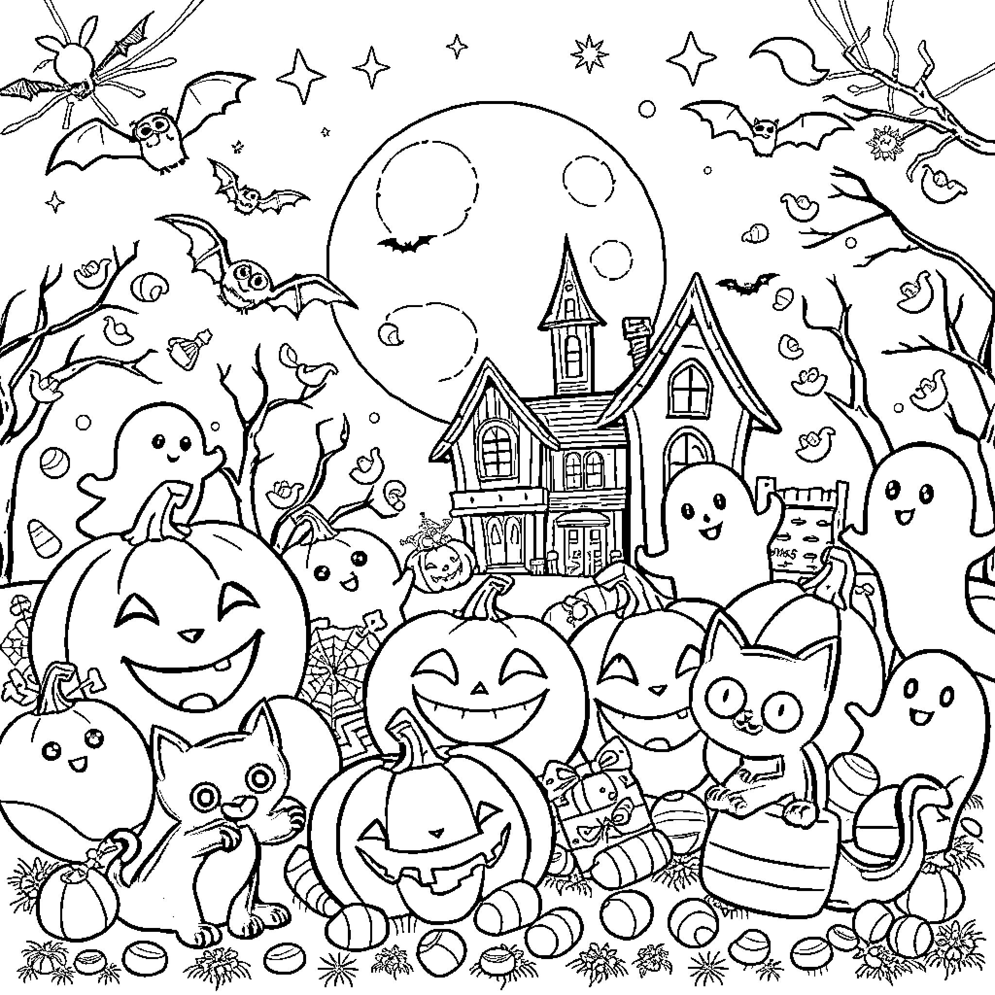Halloween spooky characters and haunted house scene Coloring Page (free black-and-white line drawing printable PDF for all, from beginners to advanced learners, including children, teens, adults, and seniors)