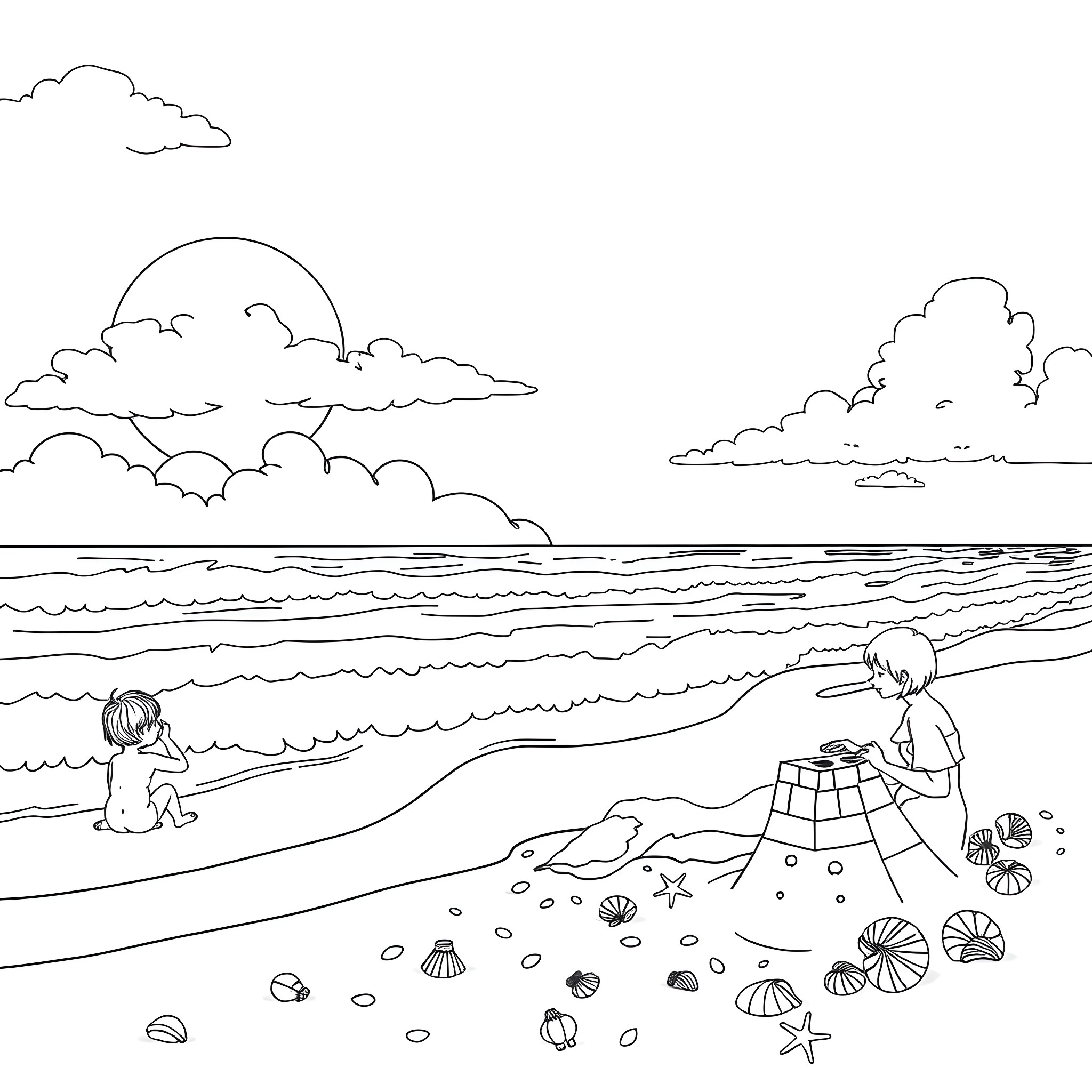 Lady playing on the beach with seashells Coloring Page (free black-and-white line drawing printable PDF for all, from beginners to advanced learners, including children, teens, adults, and seniors)