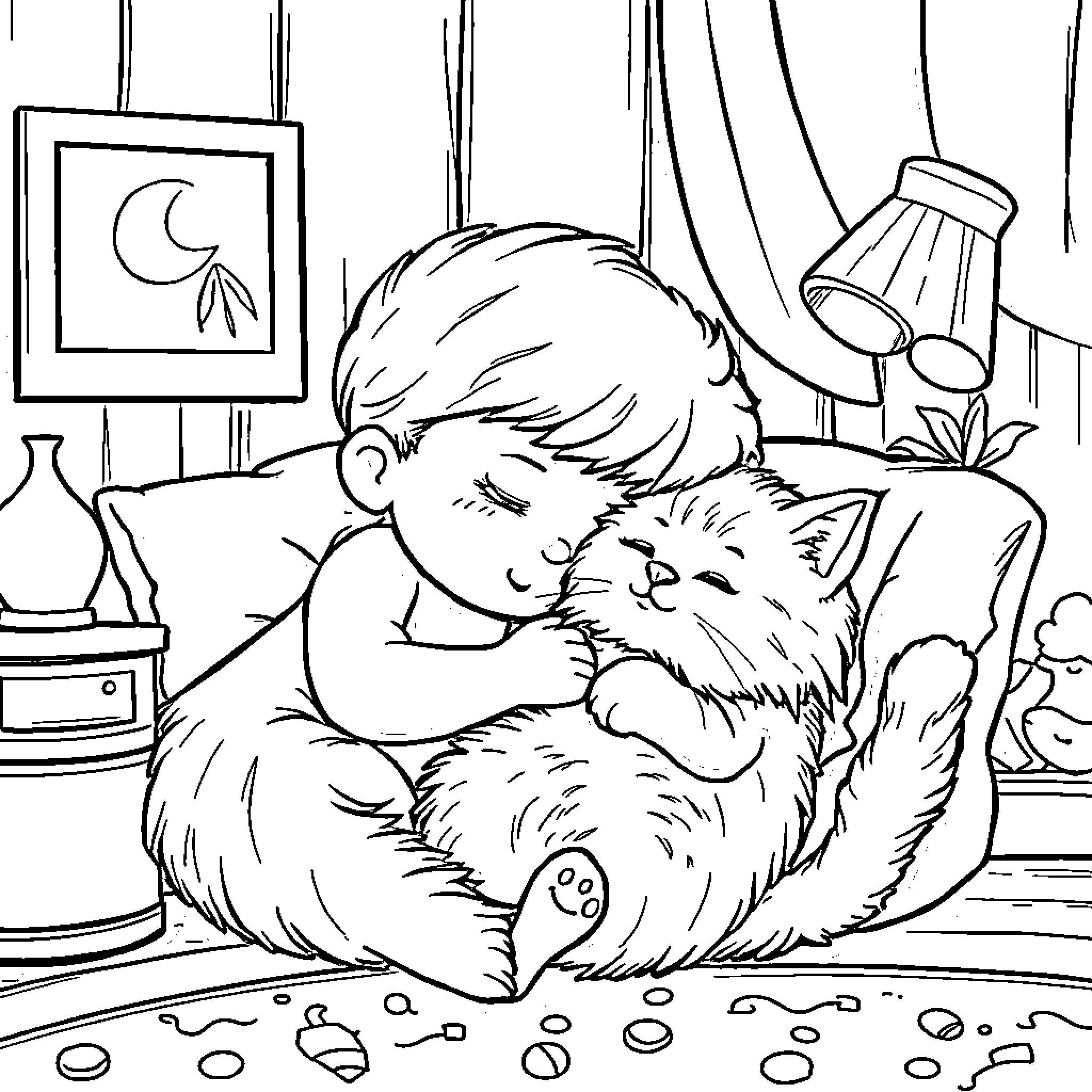 Sleep Token: Boy cuddling a fluffy cat in cozy bedroom Coloring Page (free black-and-white line drawing printable PDF for all, from beginners to advanced learners, including children, teens, adults, and seniors)