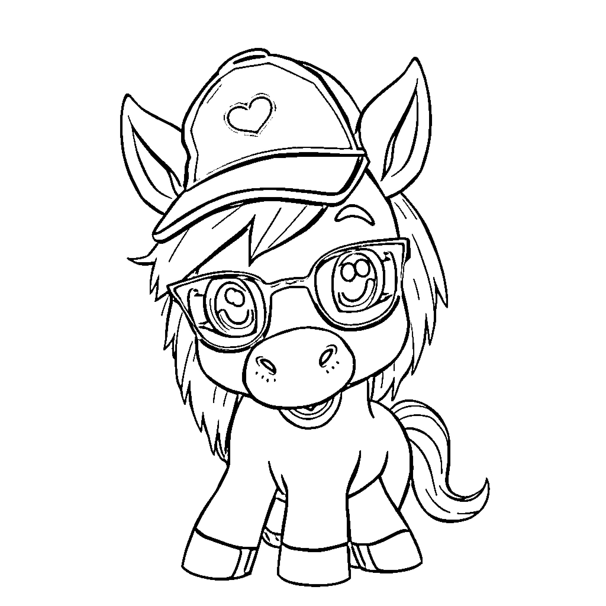 Pony wearing hat and glasses having fun Coloring Page (free black-and-white line drawing printable PDF for all, from beginners to advanced learners, including children, teens, adults, and seniors)