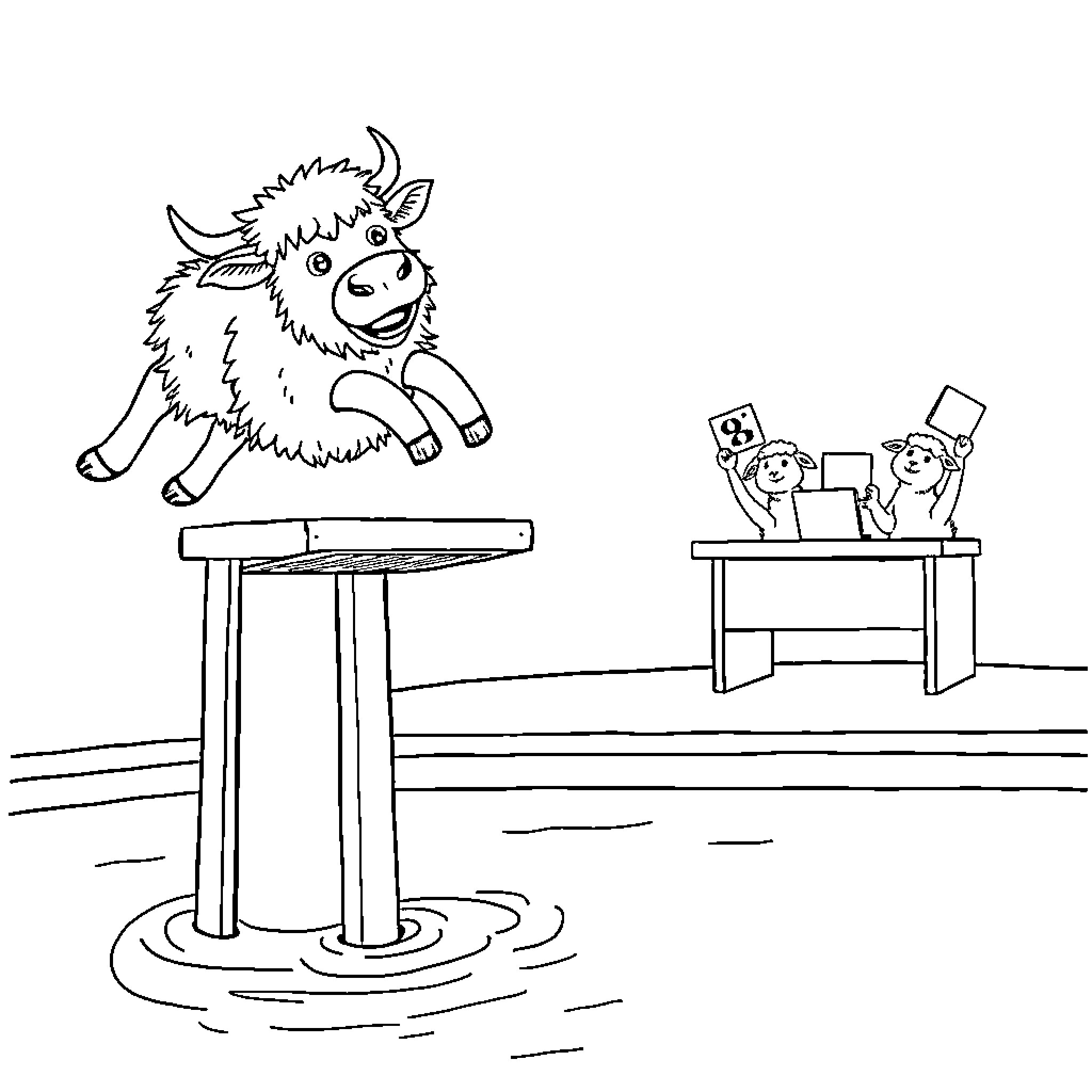 Highland Cow jumping over obstacle in playful scene Coloring Page (free black-and-white line drawing printable PDF for all, from beginners to advanced learners, including children, teens, adults, and seniors)