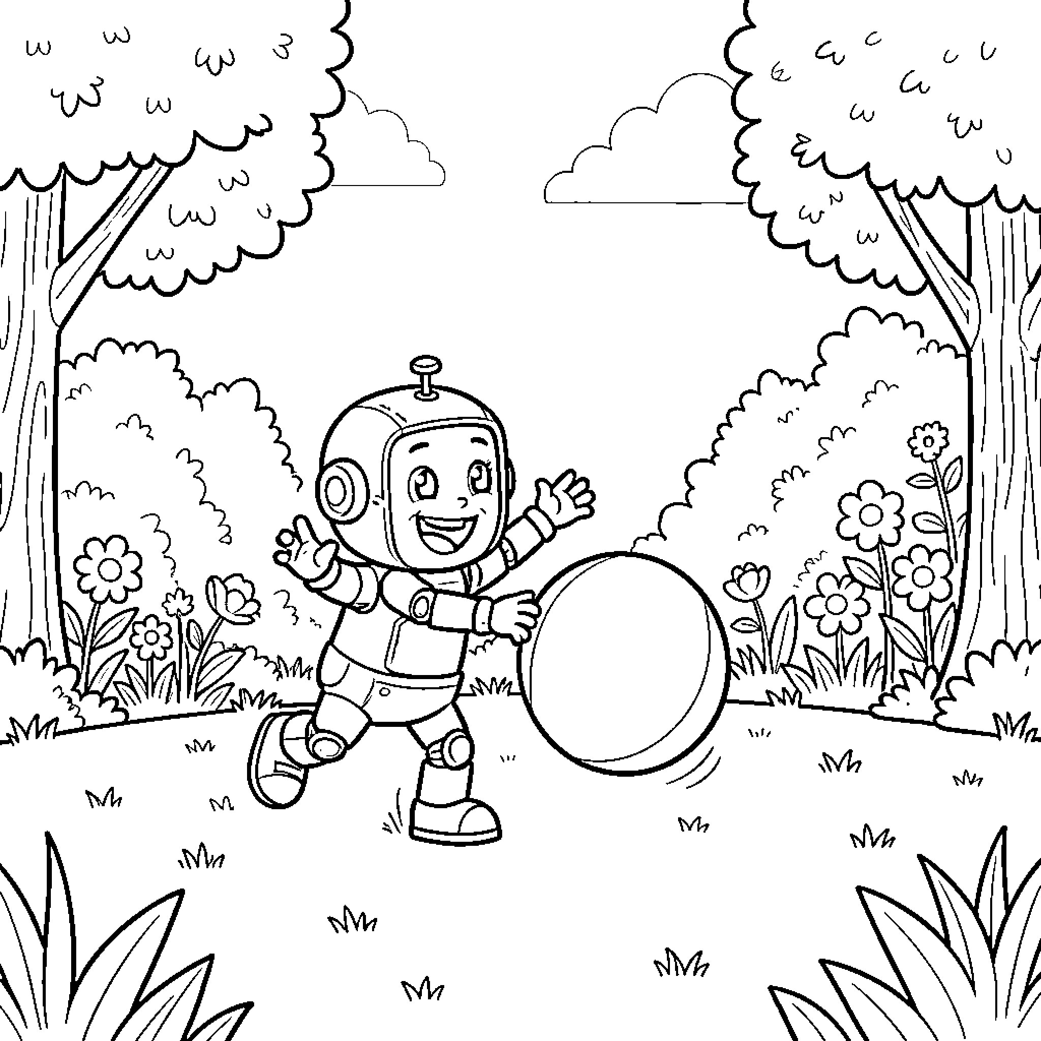 Ruban the robot playing with a ball in nature Coloring Page (free black-and-white line drawing printable PDF for all, from beginners to advanced learners, including children, teens, adults, and seniors)