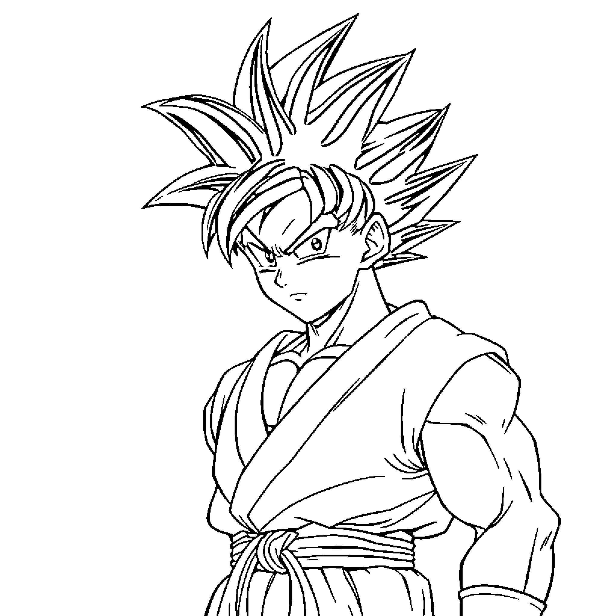 Goku's Fierce Determination in Action Coloring Page (free black-and-white line drawing printable PDF for all, from beginners to advanced learners, including children, teens, adults, and seniors)