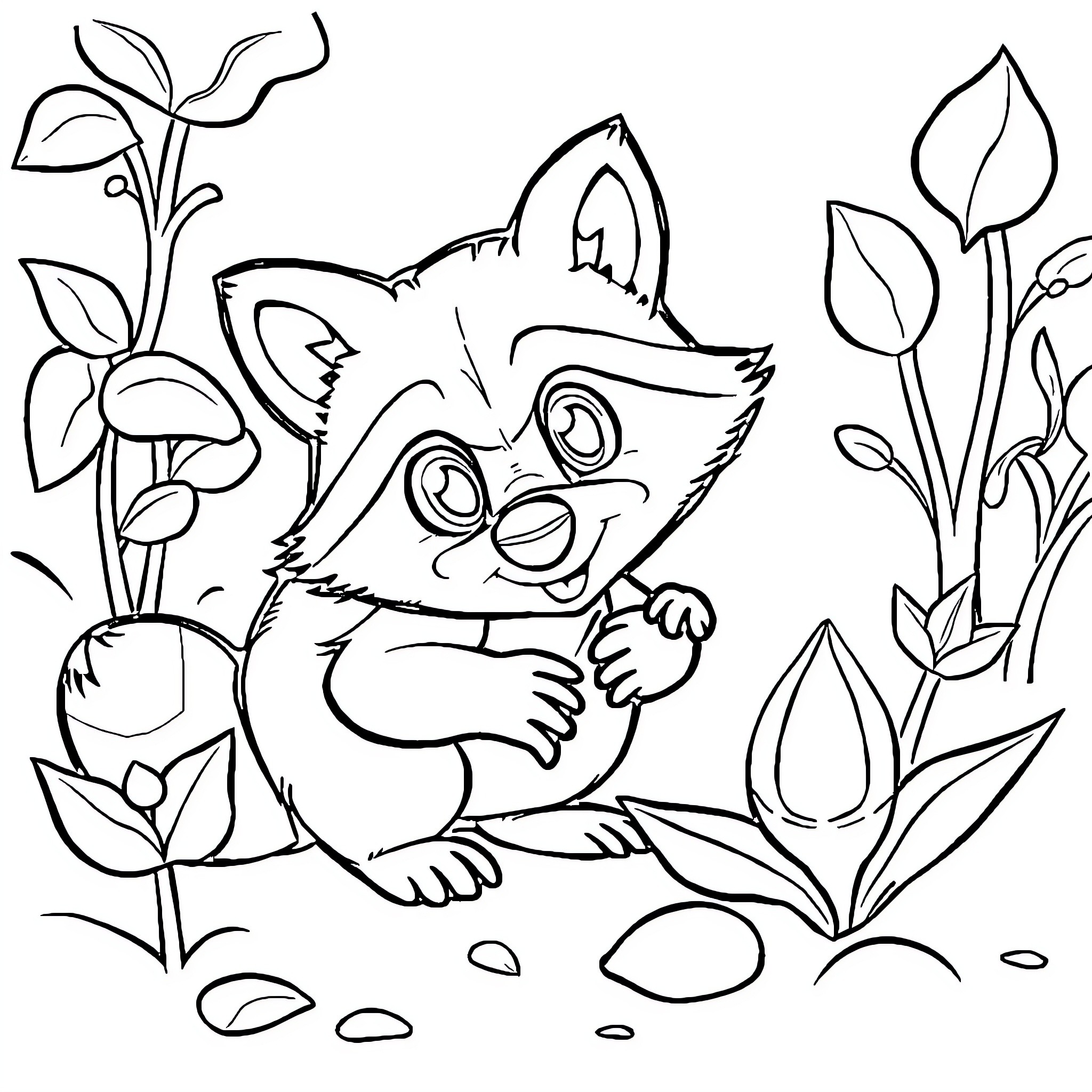 Raccoon exploring the floral garden Coloring Page (free black-and-white line drawing printable PDF for all, from beginners to advanced learners, including children, teens, adults, and seniors)