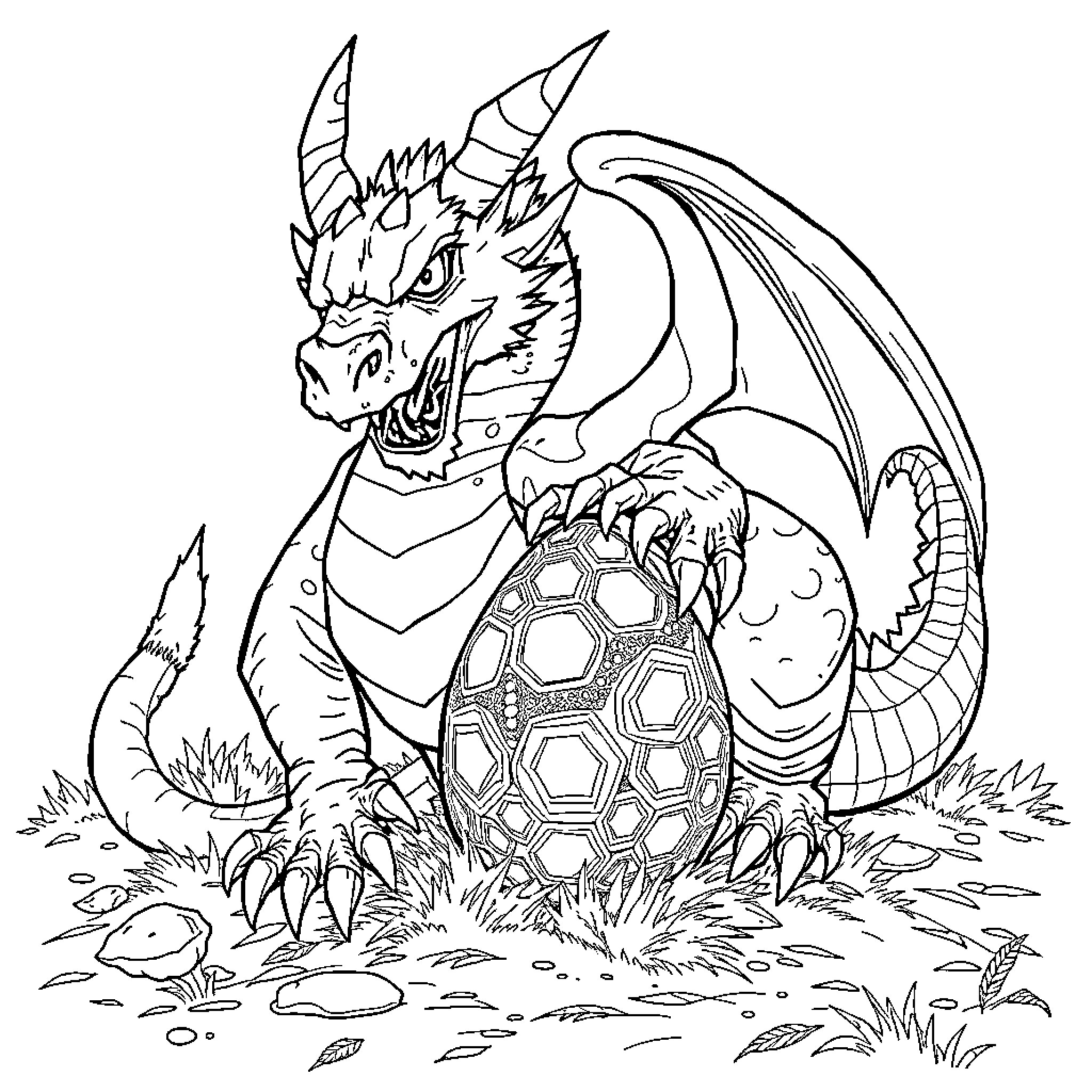 Dragon guarding its precious egg Coloring Page (free black-and-white line drawing printable PDF for all, from beginners to advanced learners, including children, teens, adults, and seniors)