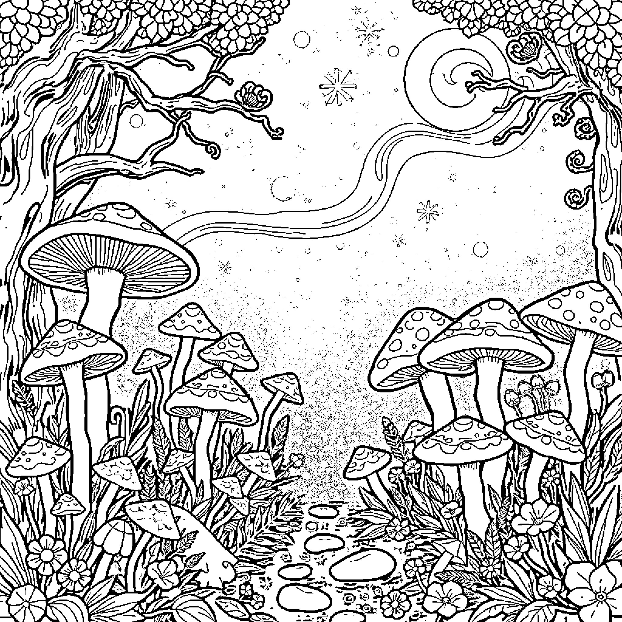 Mushroom Fantasy Forest Scene with Whimsical Elements Coloring Page (free black-and-white line drawing printable PDF for all, from beginners to advanced learners, including children, teens, adults, and seniors)