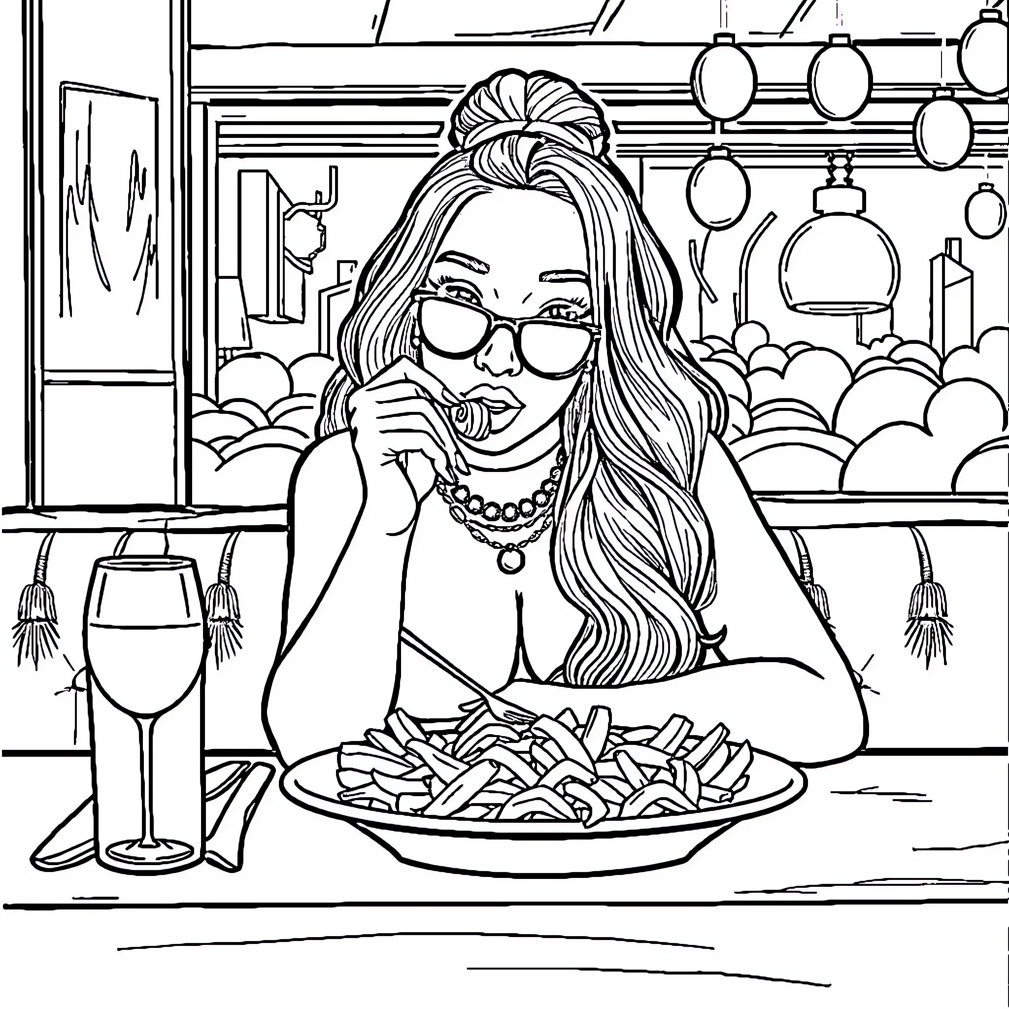 Nicki Minaj Enjoying a Meal at a Lavish Restaurant Coloring Page (free black-and-white line drawing printable PDF for all, from beginners to advanced learners, including children, teens, adults, and seniors)