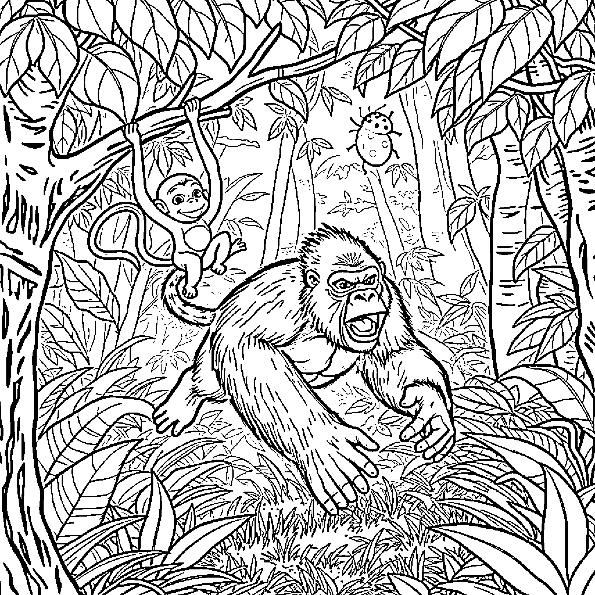 Monkey playing in the lush jungle foliage Coloring Page (free black-and-white line drawing printable PDF for all, from beginners to advanced learners, including children, teens, adults, and seniors)