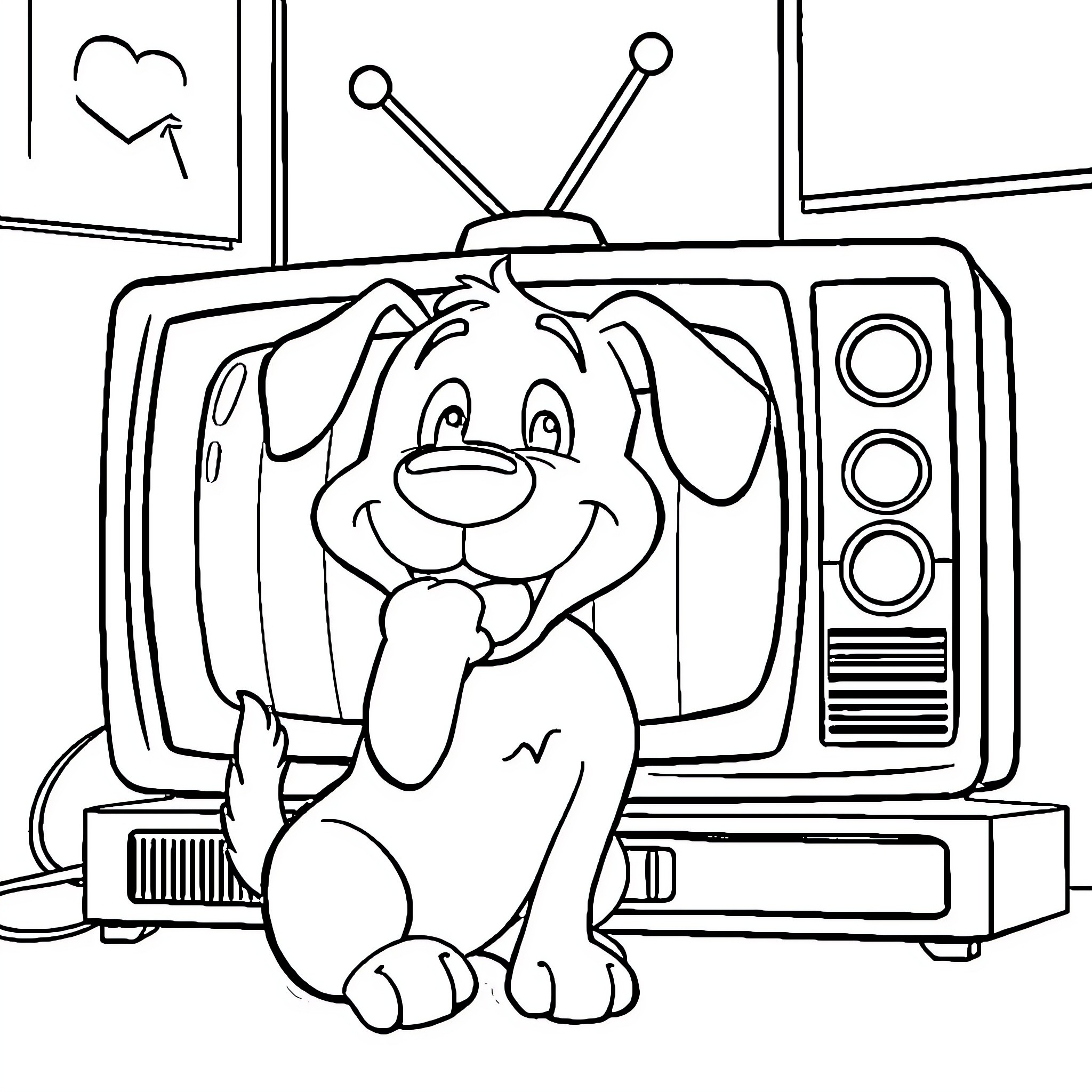 Dog watching TV happily in the living room Coloring Page (free black-and-white line drawing printable PDF for all, from beginners to advanced learners, including children, teens, adults, and seniors)