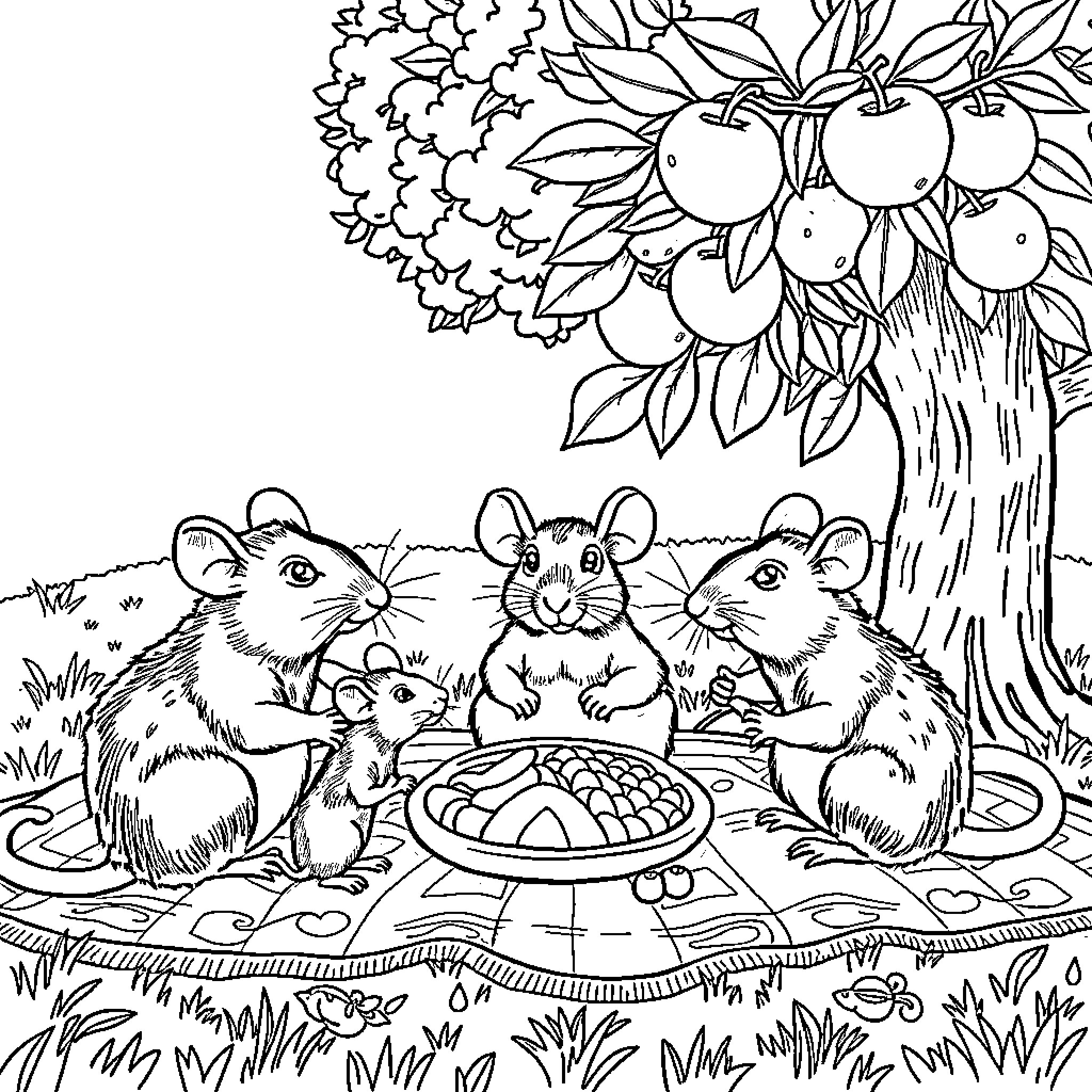 Rat family enjoying a picnic under a fruitful tree Coloring Page (free black-and-white line drawing printable PDF for all, from beginners to advanced learners, including children, teens, adults, and seniors)